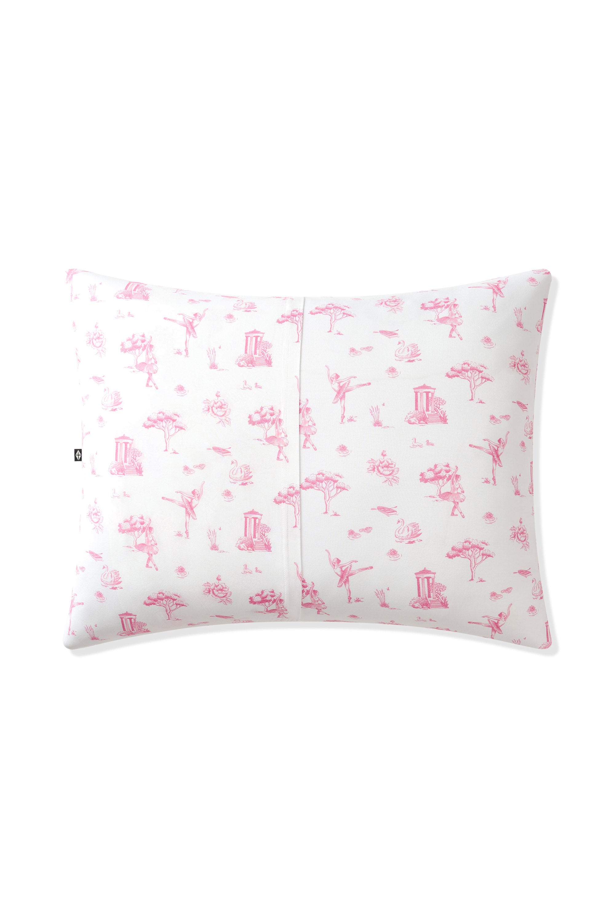 The back of the Toddler Pillowcase in Toile Ballet showing the envelope closure on a pillow