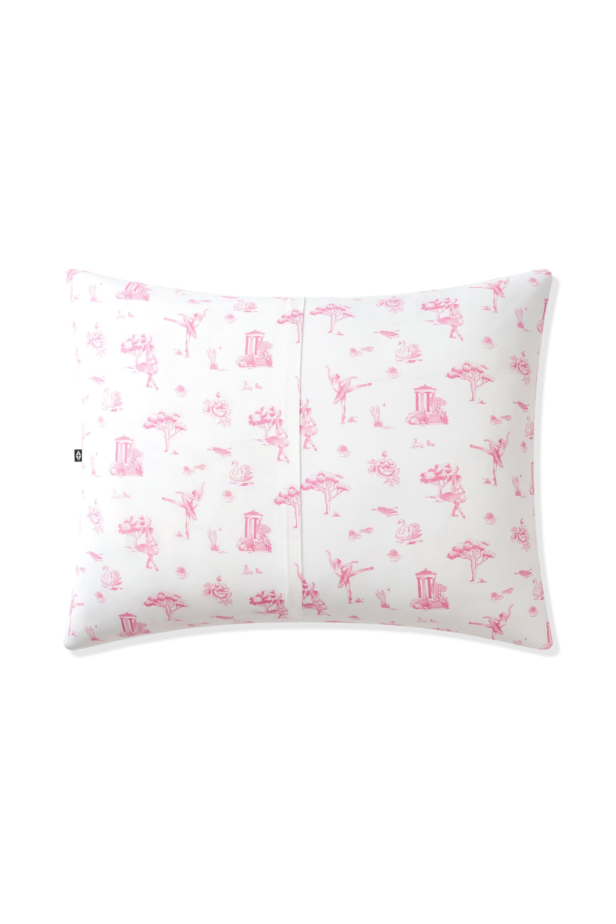 The back of the Toddler Pillowcase in Toile Ballet showing the envelope closure on a pillow