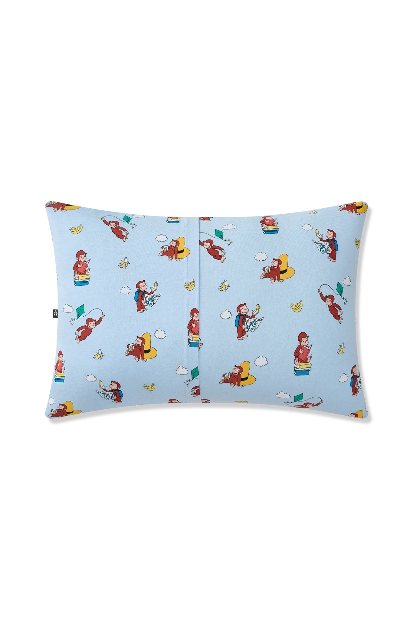 Back side of Blue Toddler Pillowcase in Curious George print on a white background