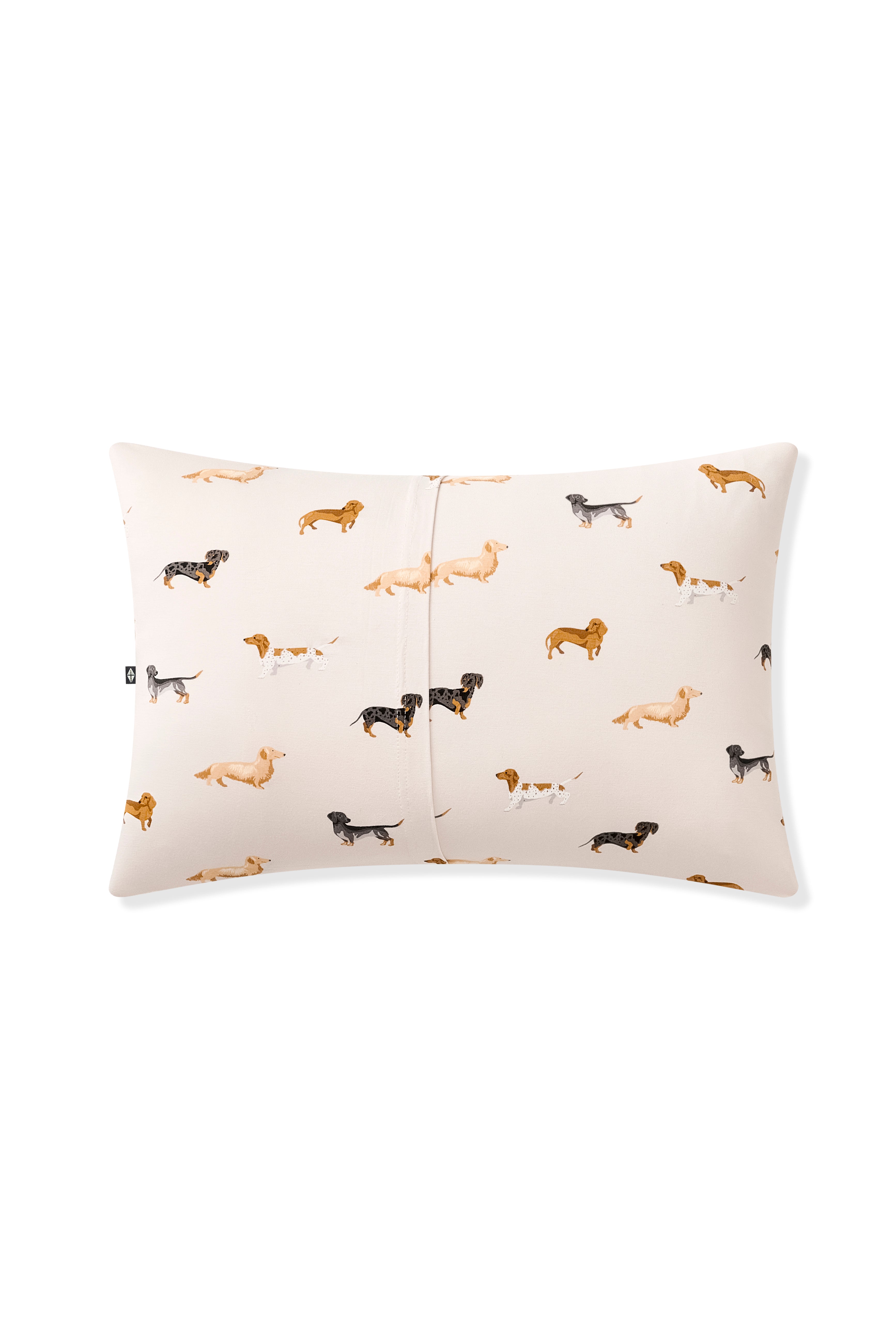 Back of Beige Toddler Pillowcase with Dachshund print on a white background