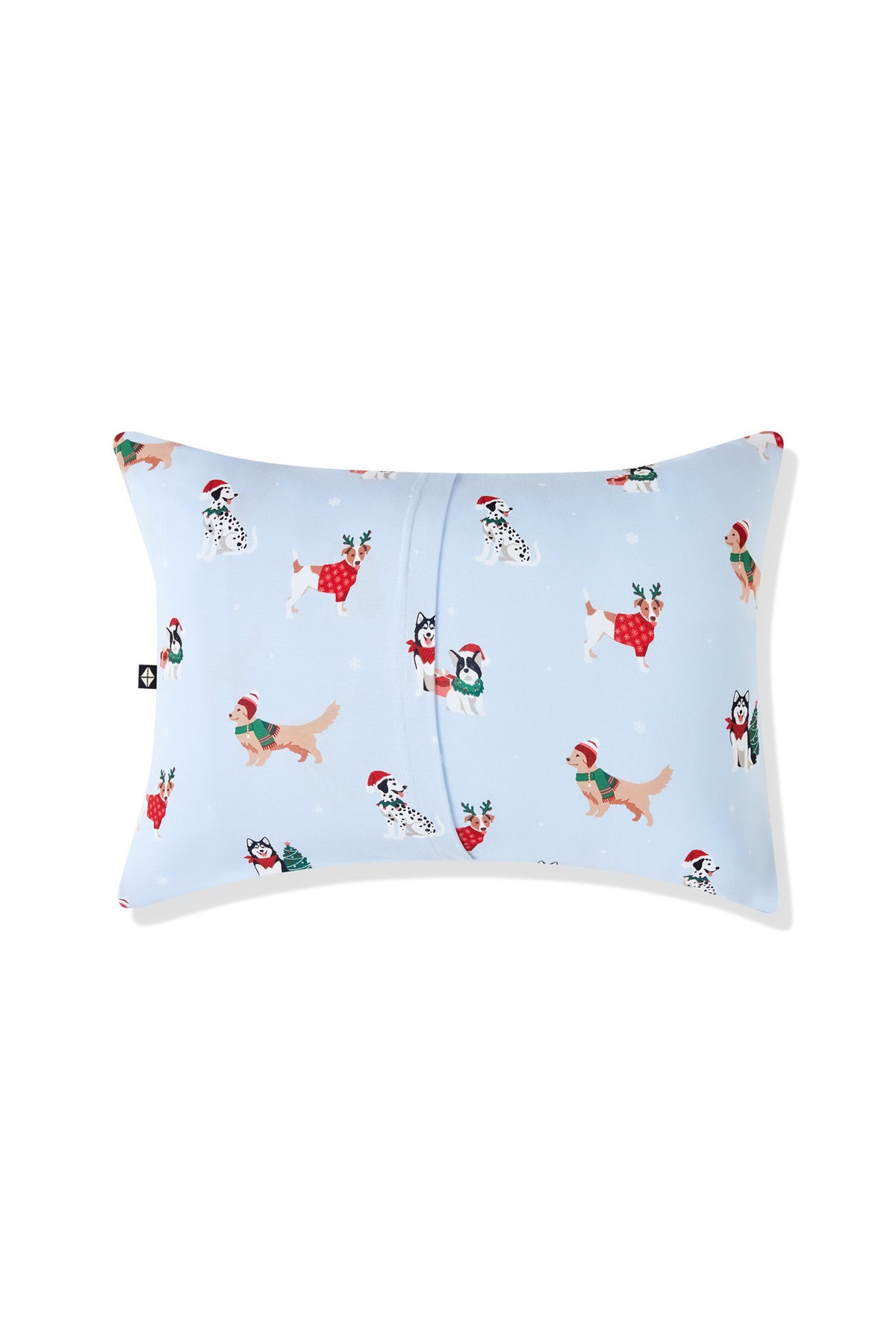 Back side of Blue Toddler Pillowcase in Holiday Pups print on a white background