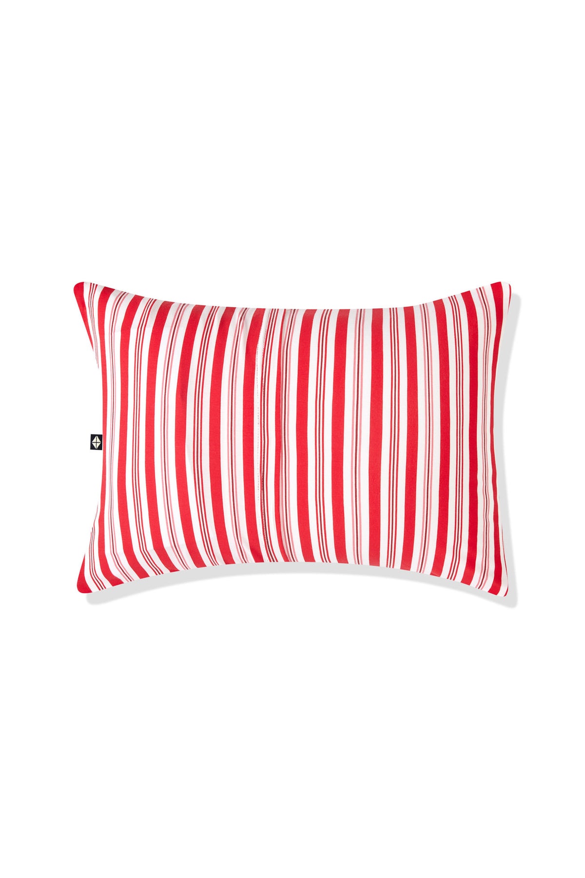 Back side of Toddler Pillowcase in red and white Peppermint Stripes print on a white background