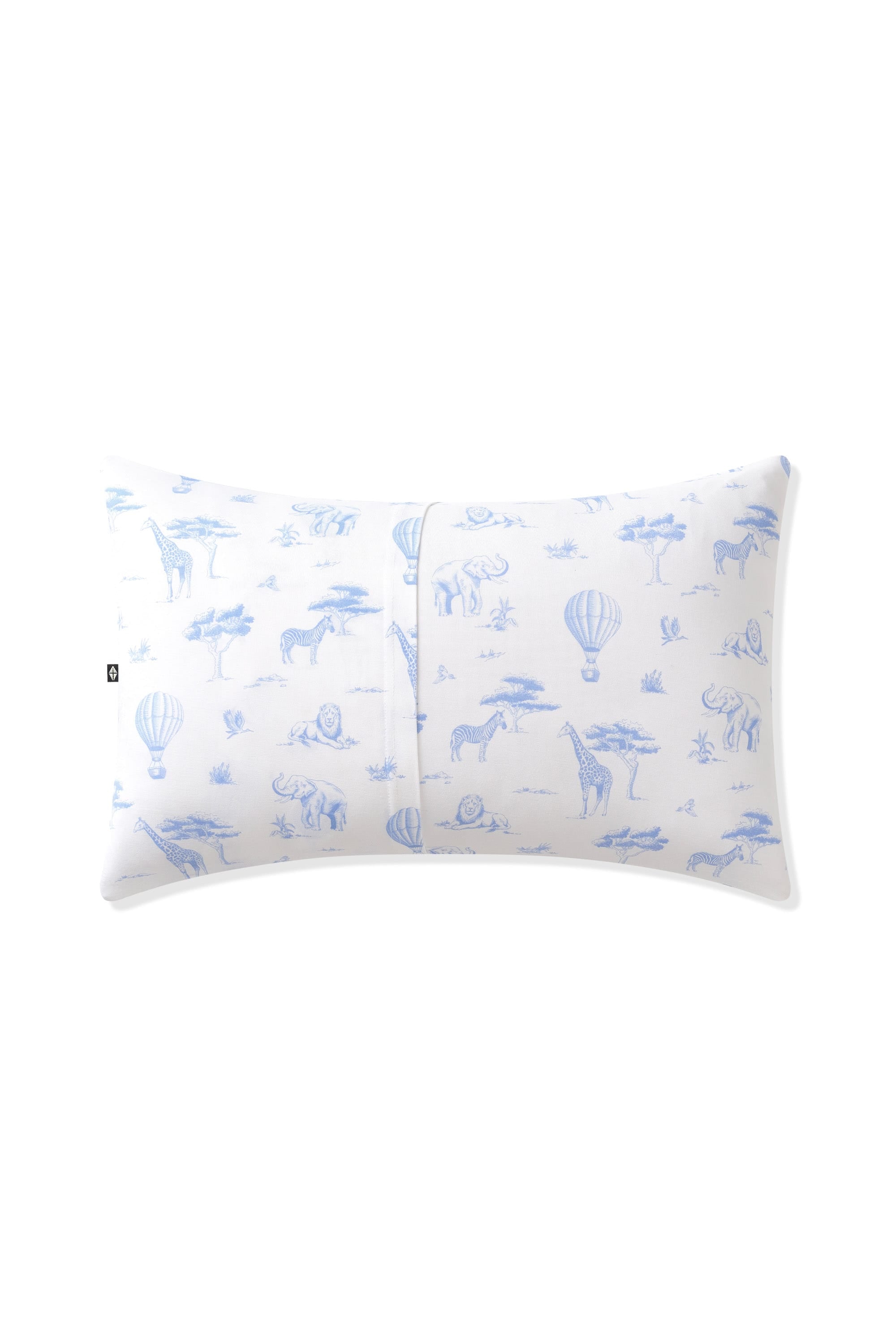 Back of the Standard Pillowcase in Toile Safari on a pillow showing the envelope closure