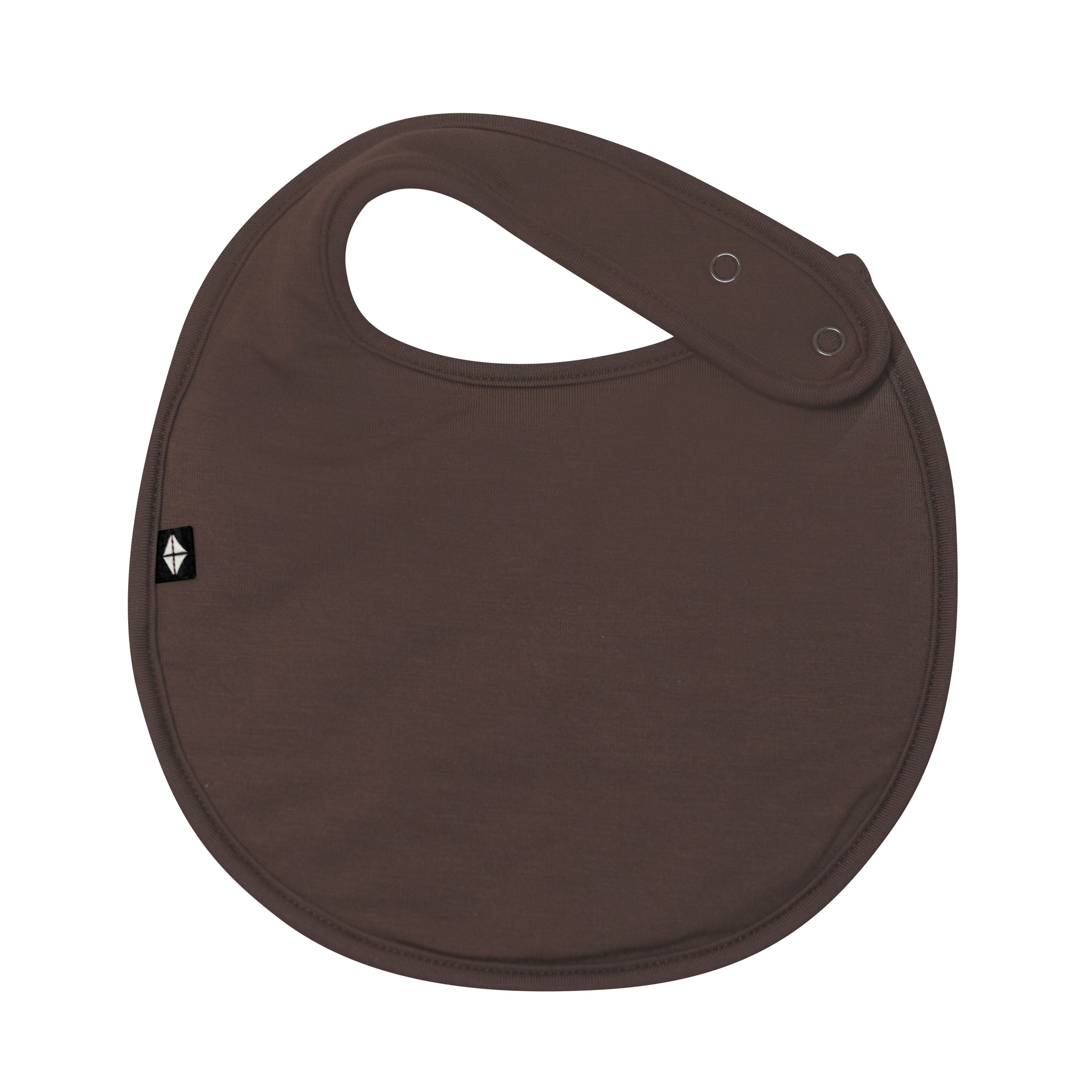 The front of the Cushy Bib in Espresso showing the snap closures