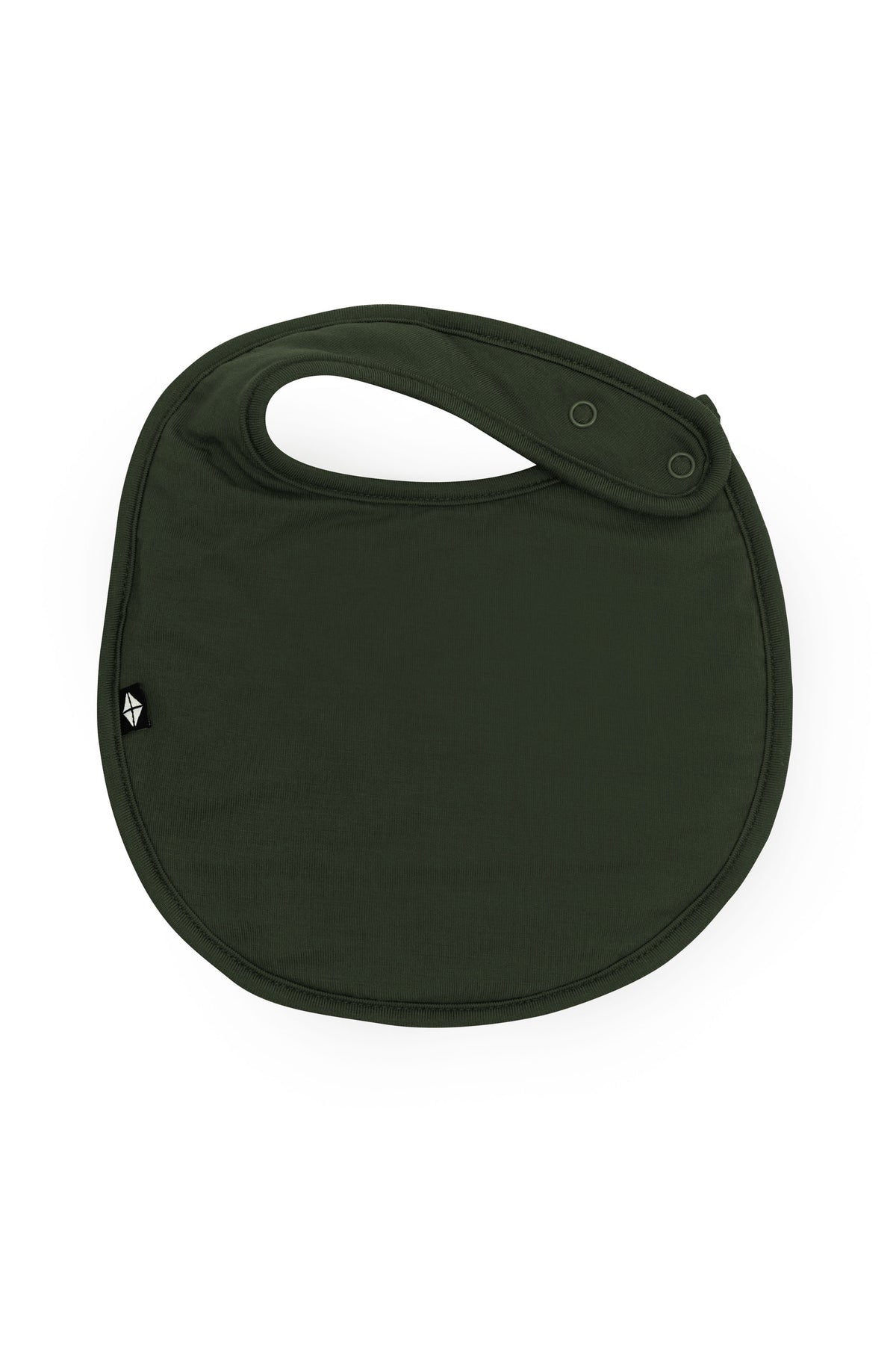 The front of the Cushy Bib in Fir with the snap closures shown