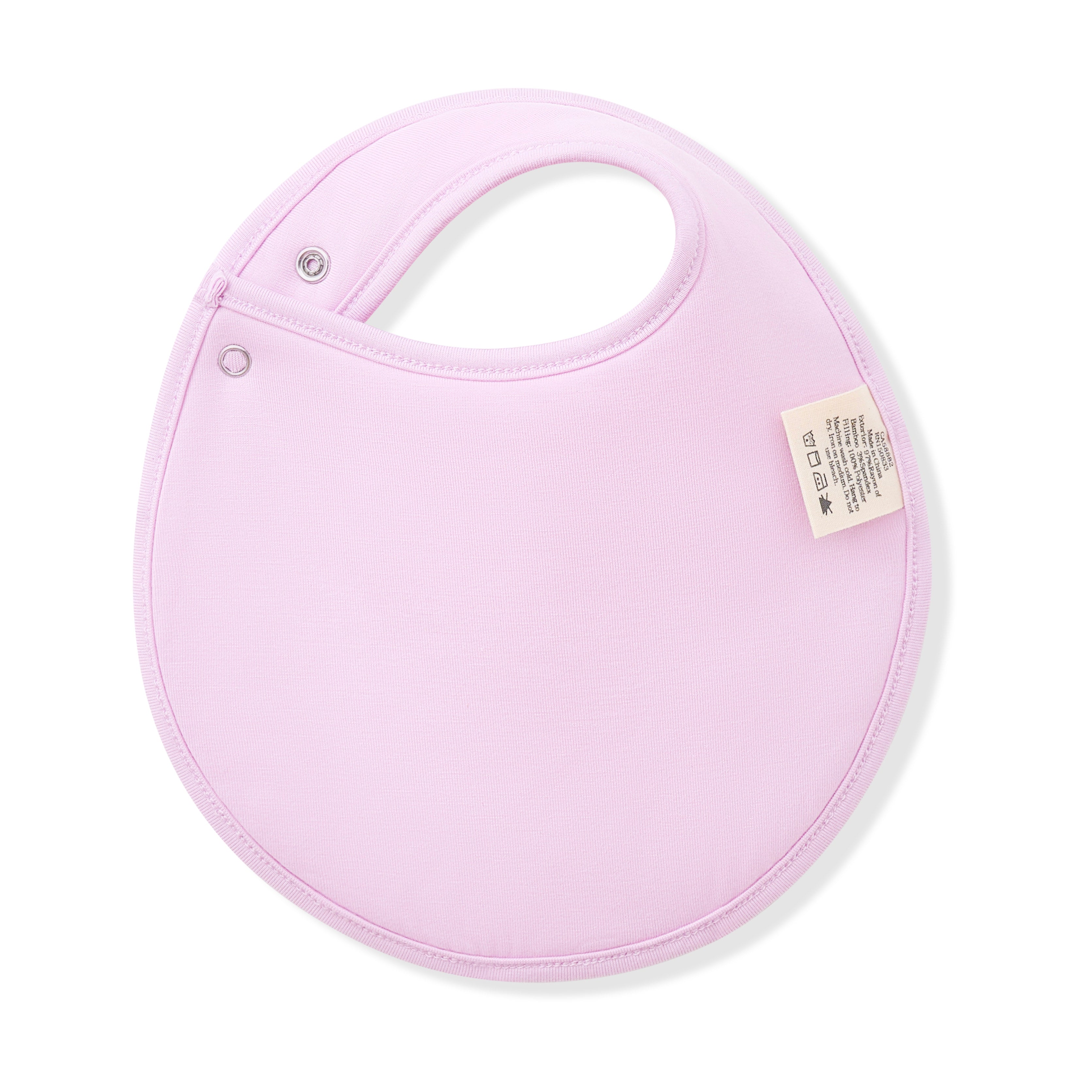 The back of the Cushy Bib in Gingham Thistle showing the light purple backing