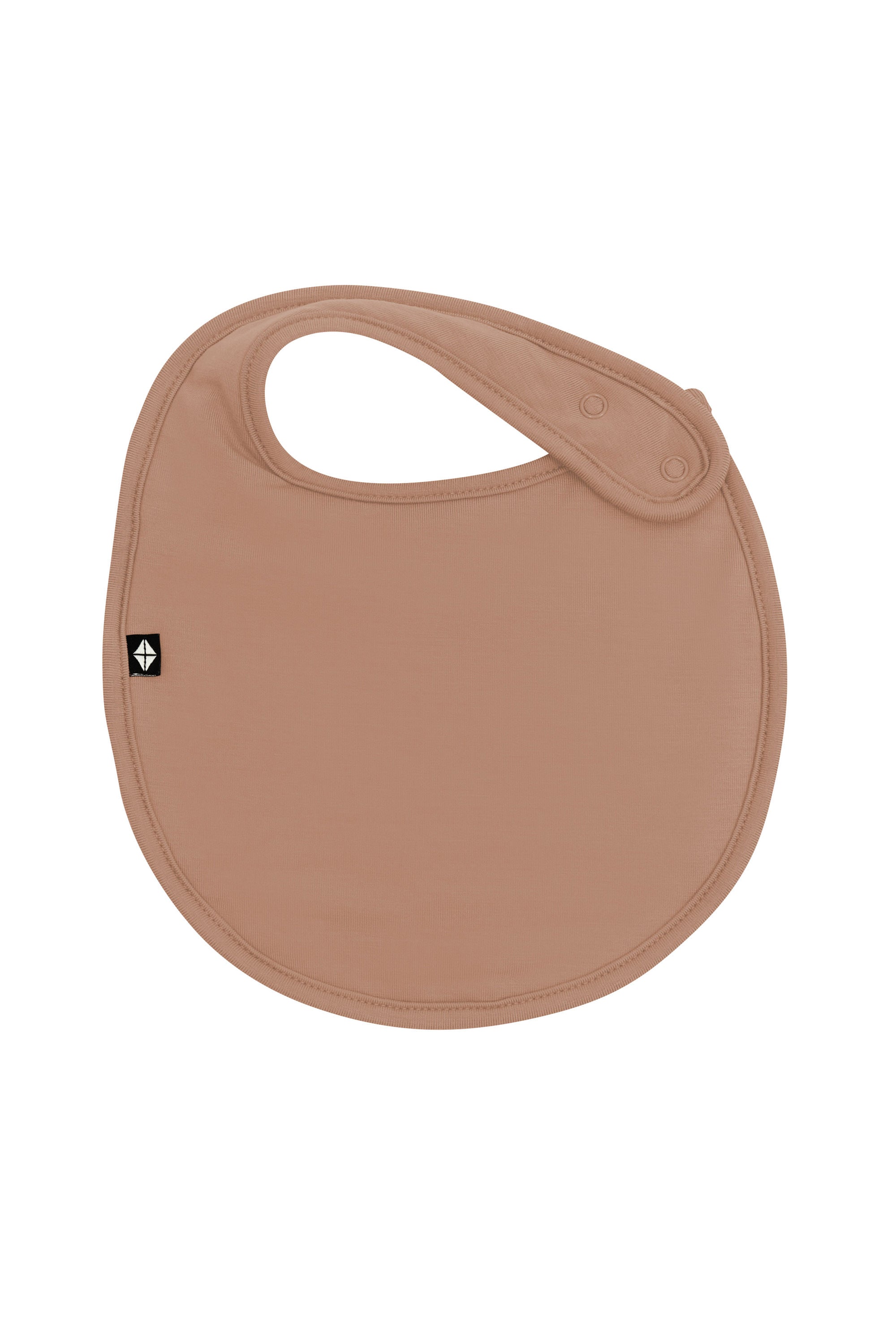 Front of Cushy Bib in Latte showing the snap closure