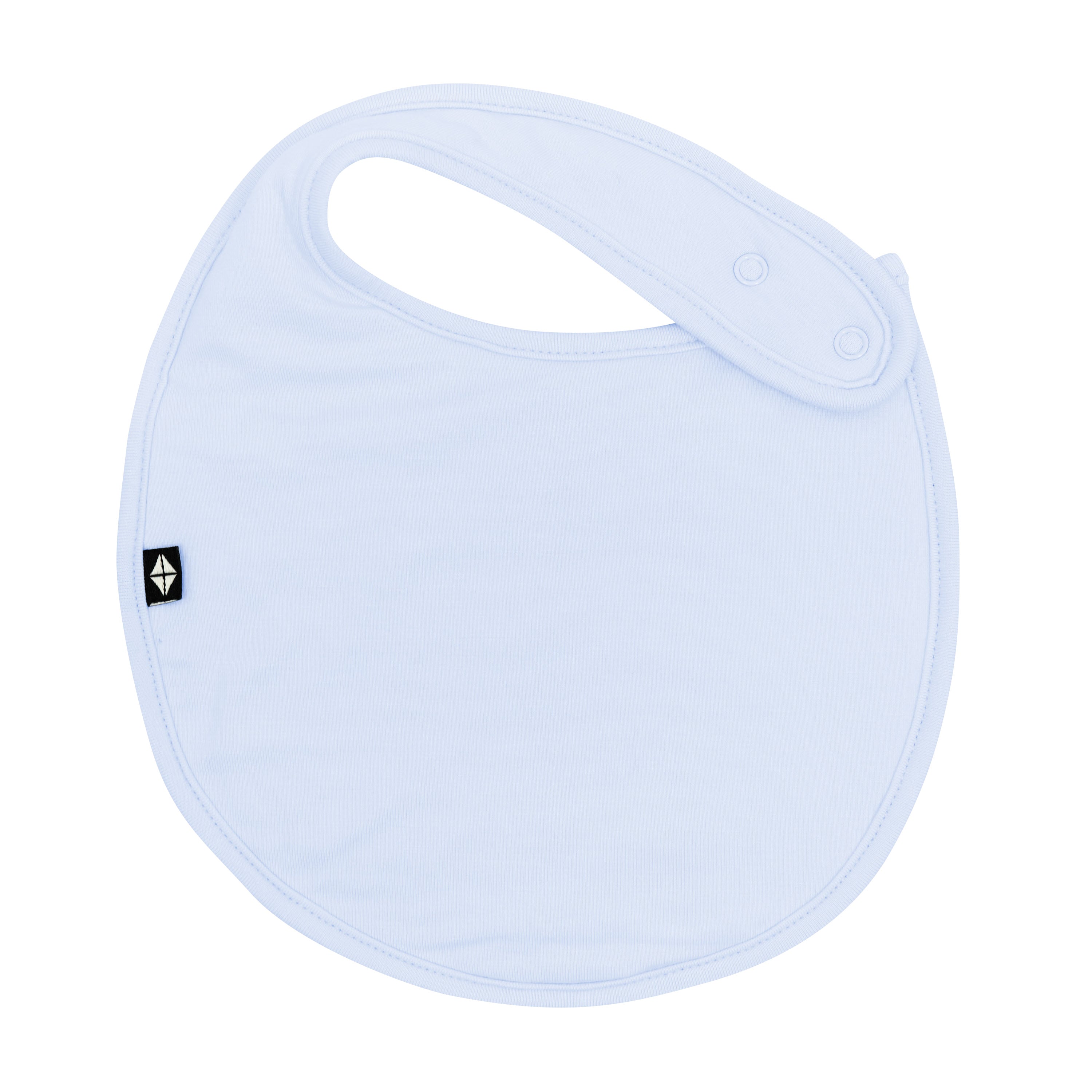 The front of the Cushy Bib in Mist showing the snap closures