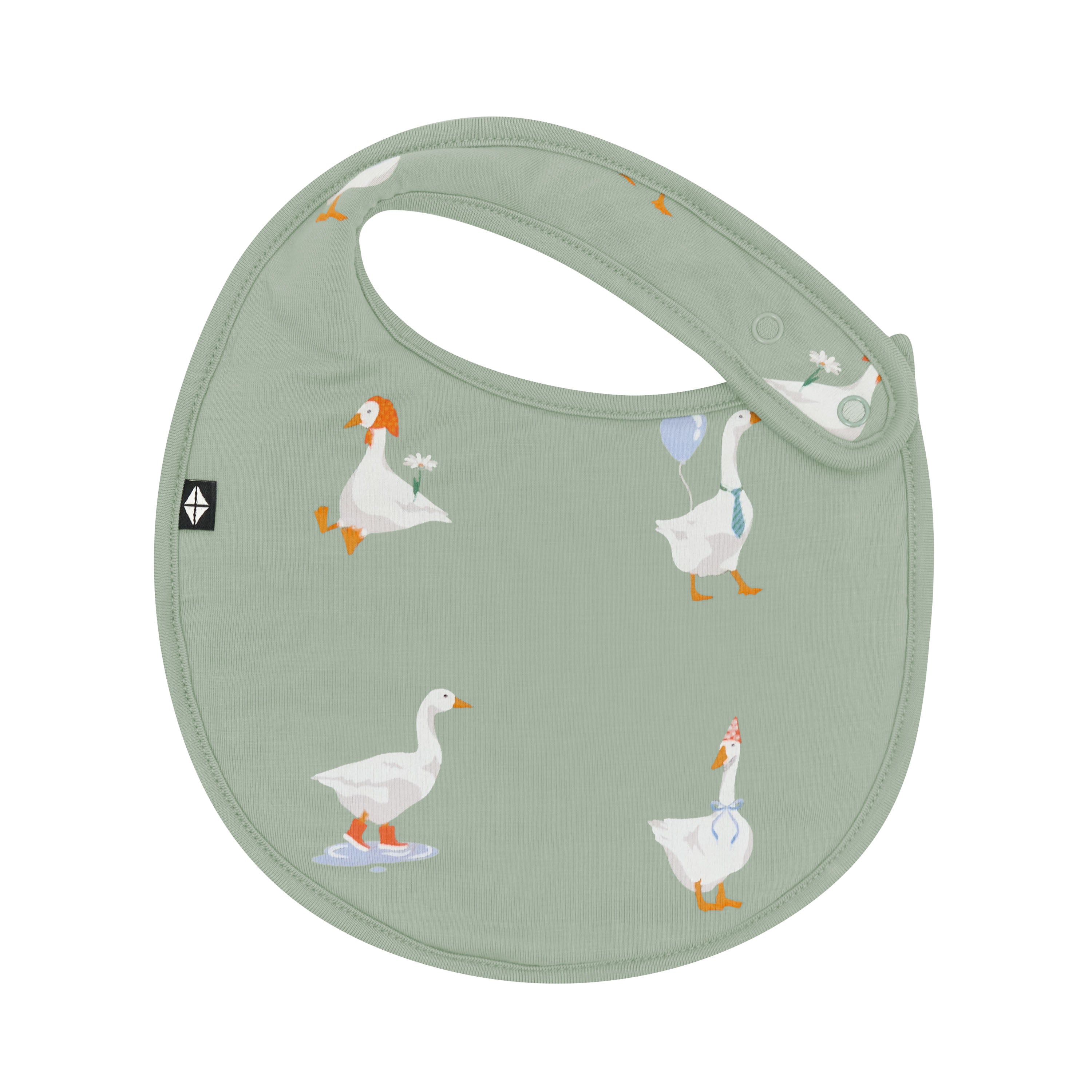 The front of the Cushy Bib in Silly Goose showing the snap closure