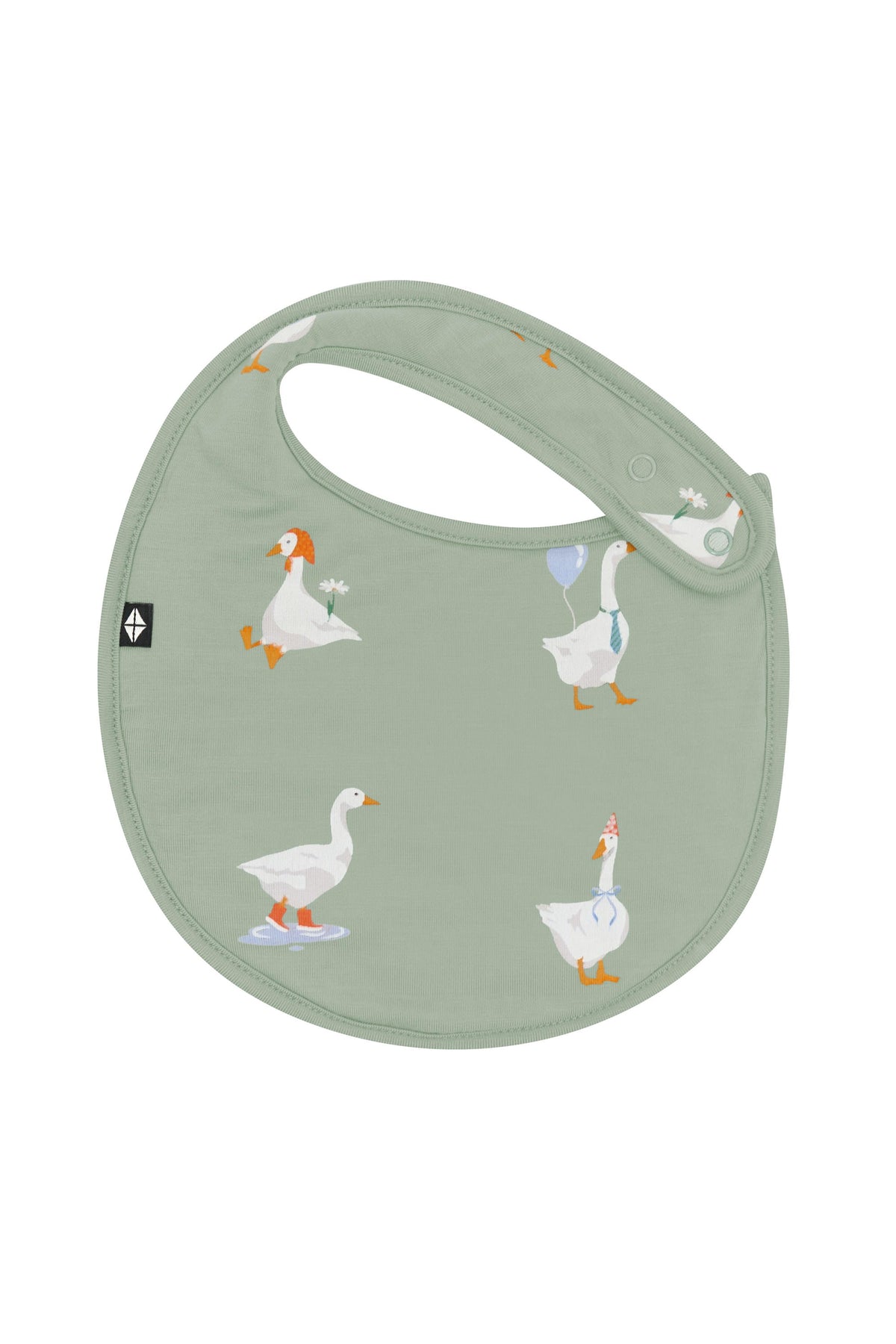 The front of the Cushy Bib in Silly Goose showing the snap closure