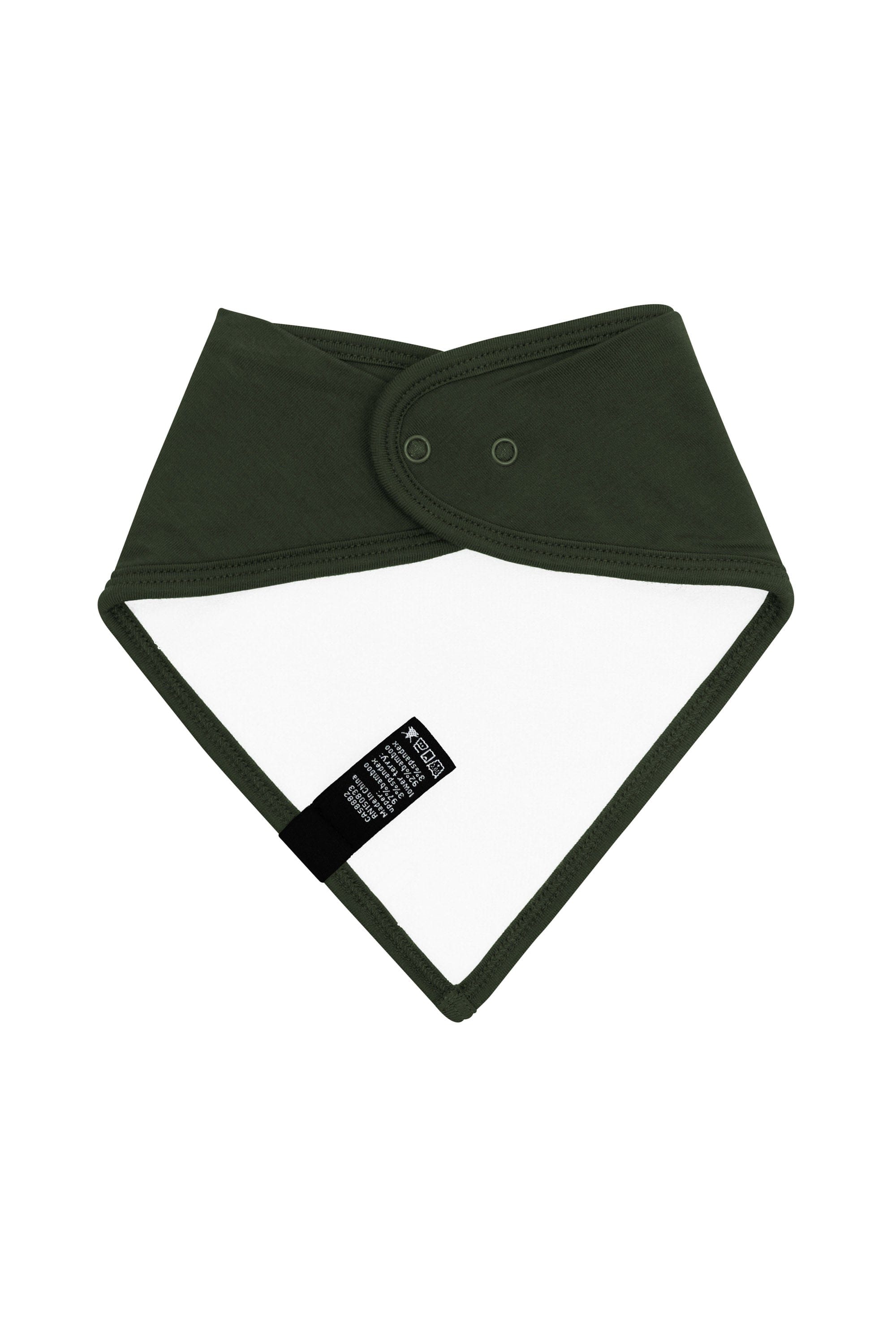 The back of the Bib in Fir showing the snap closures and Bamboo Terry cloth backing