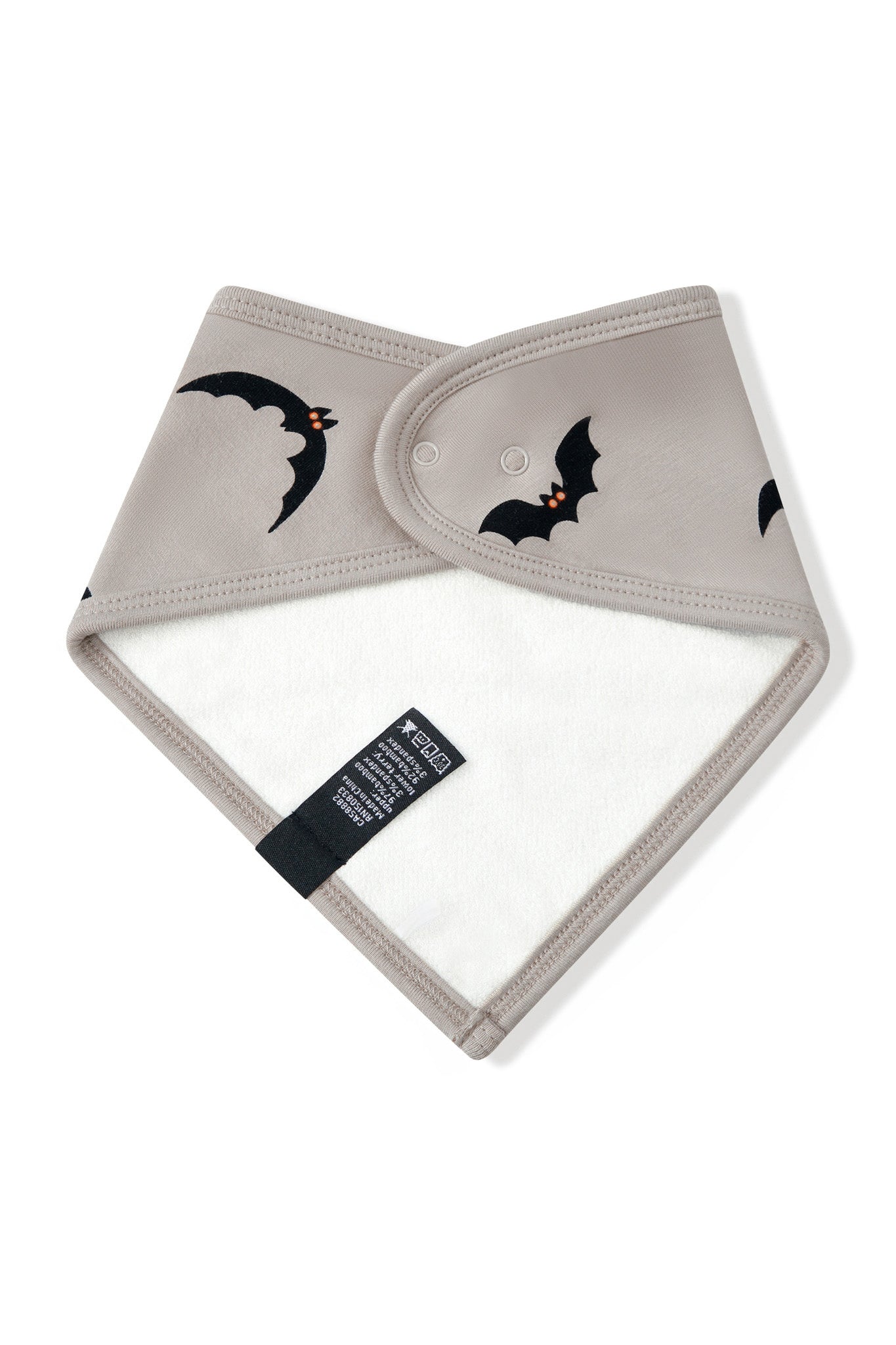 Back side of Bib in Bats print on a white background