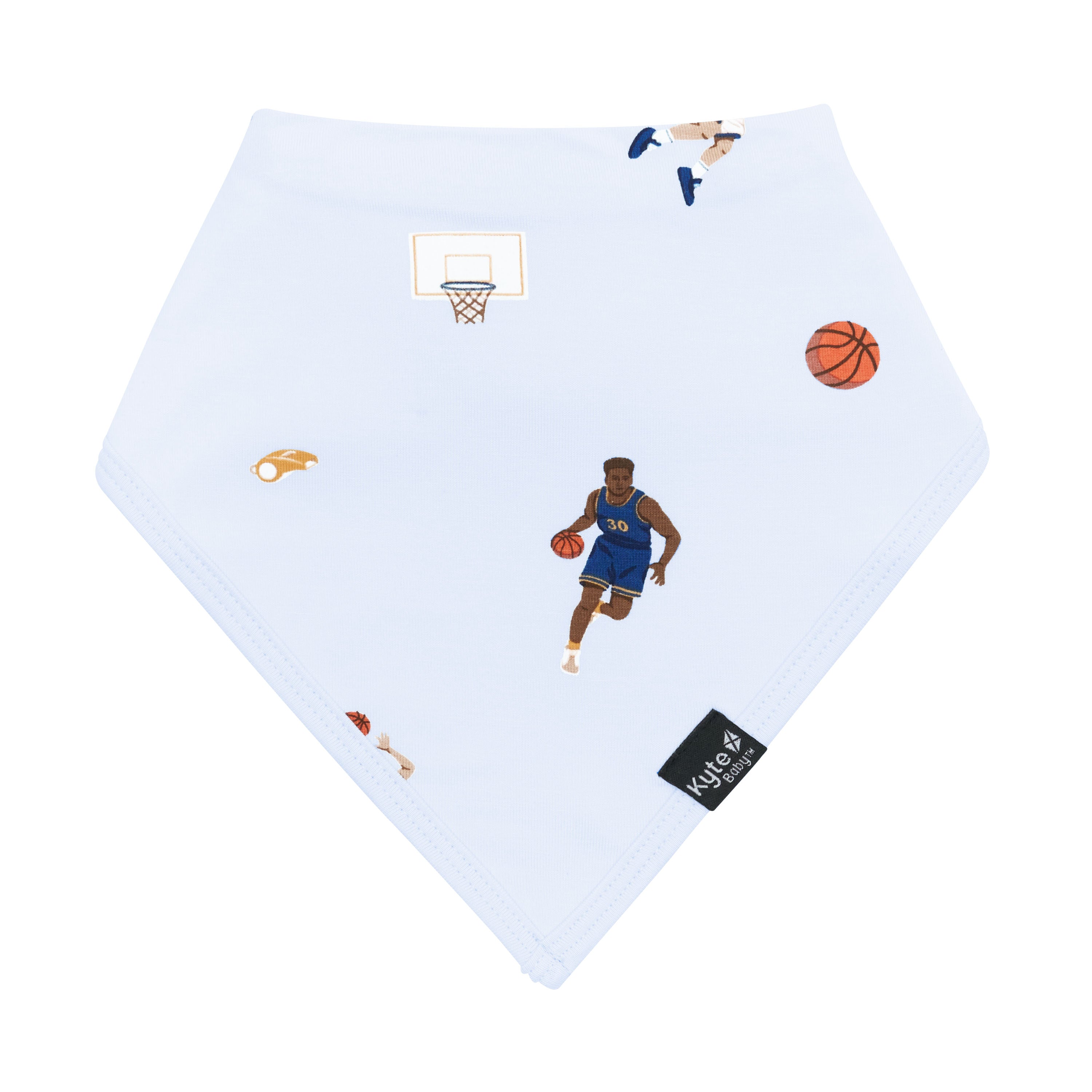 The front of the Bib in Basketball showing the Kyte Baby logo tag