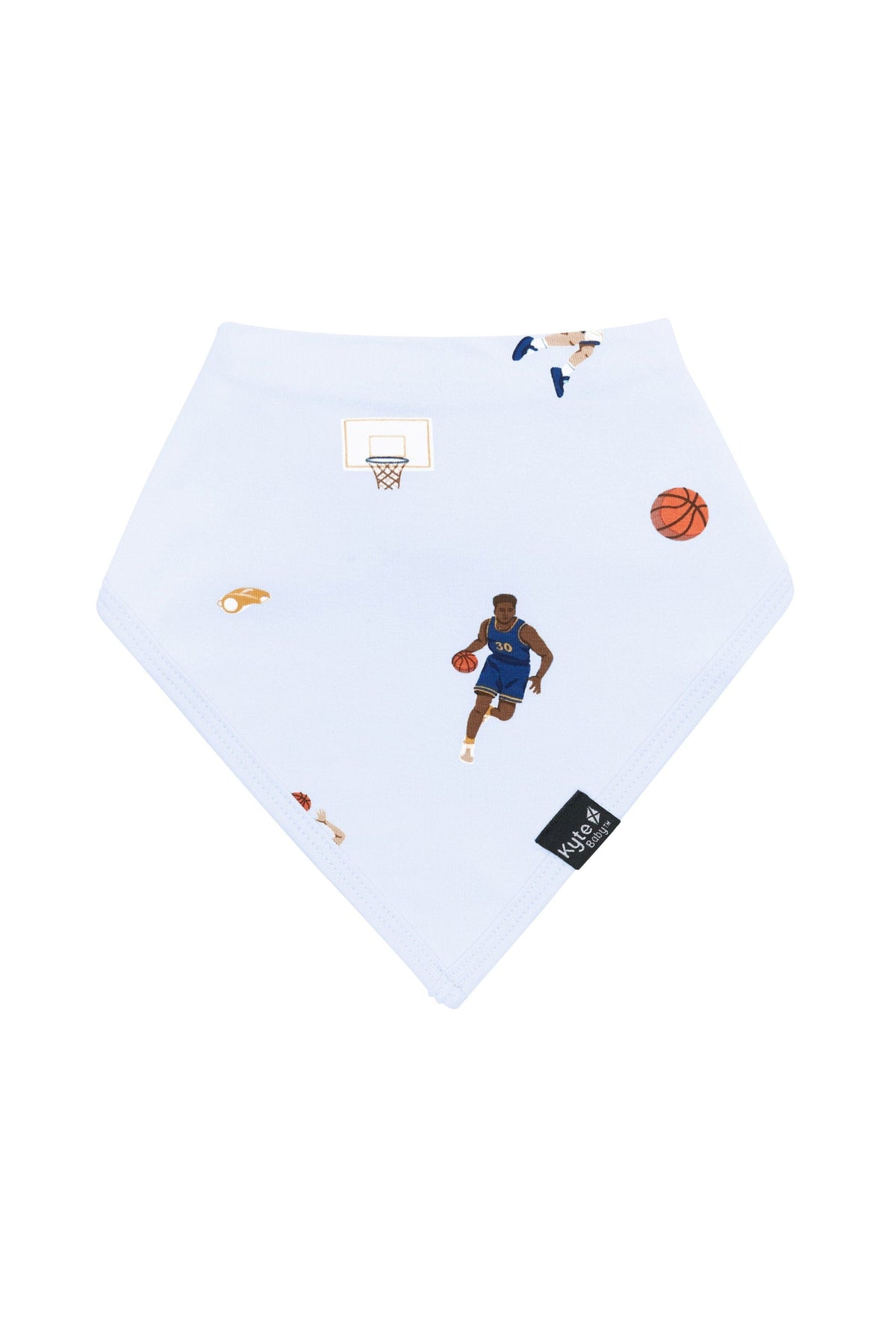 The front of the Bib in Basketball showing the Kyte Baby logo tag