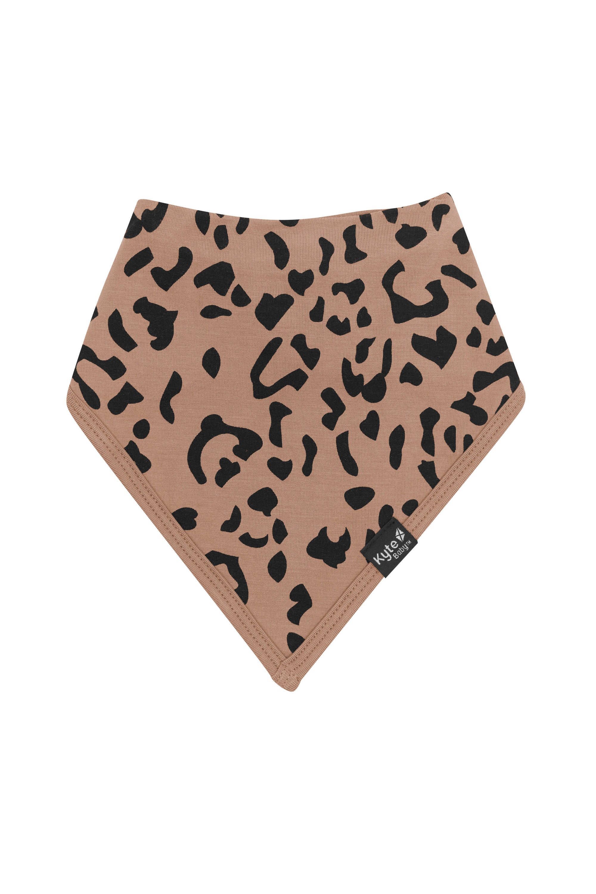 Front of the Bib in Latte Leopard showing the black Kyte Baby logo tag