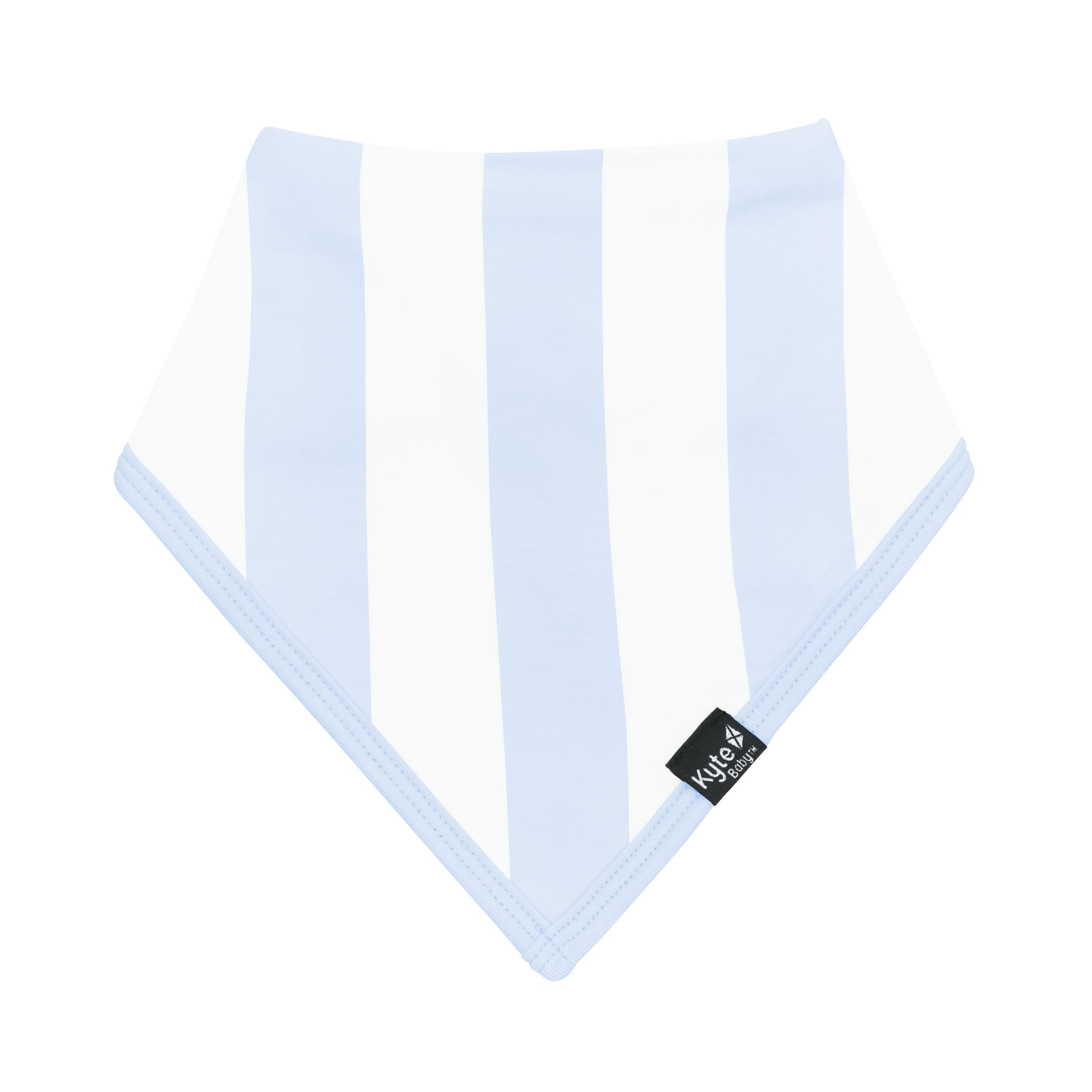 The front of the Bib in Big Mist Stripe with Kyte Baby Logo visible