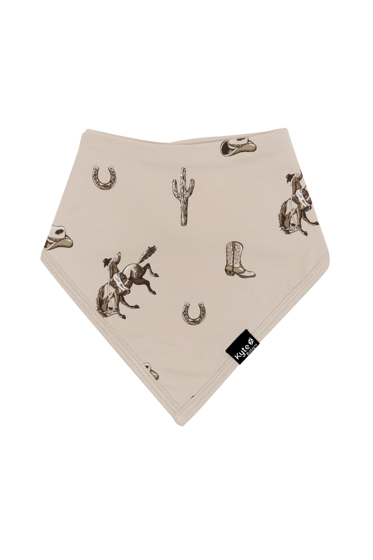 The front of the Bib in Classic Cowboy showing the black Kyte baby logo tag