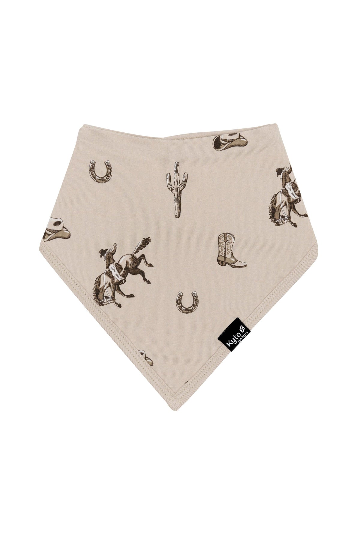 The front of the Bib in Classic Cowboy showing the black Kyte baby logo tag