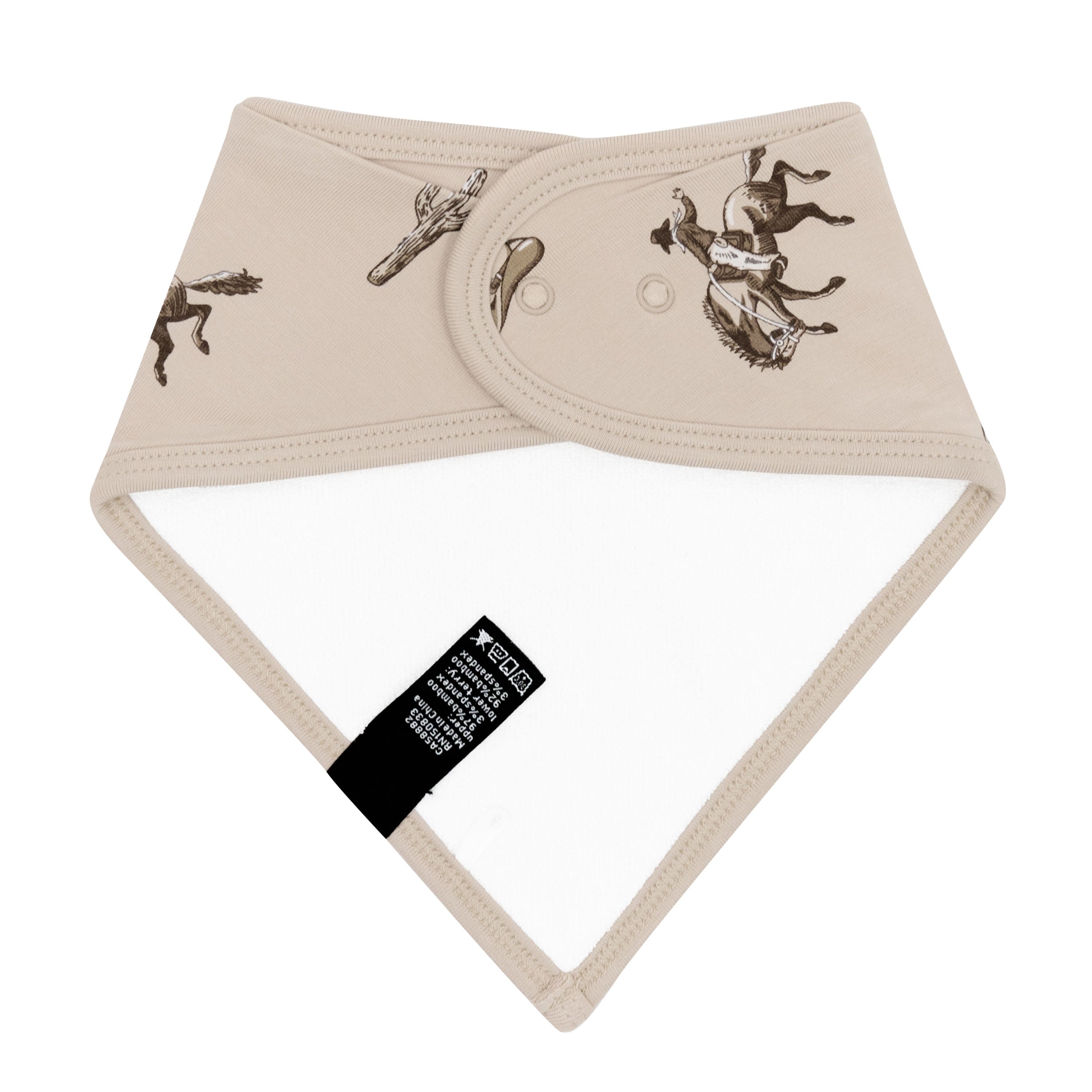 The back of the Bib in Classic Cowboy showing the terry cloth lining and snap closures