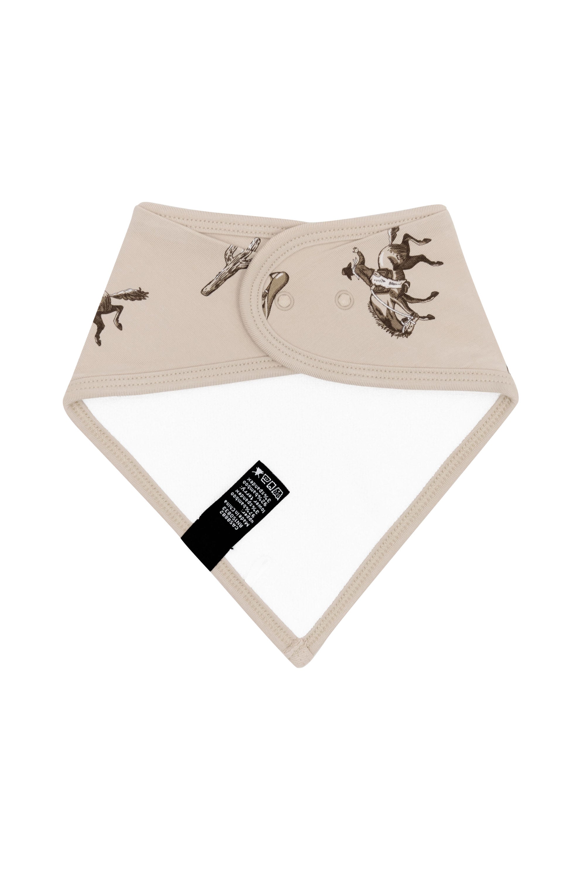 The back of the Bib in Classic Cowboy showing the terry cloth lining and snap closures