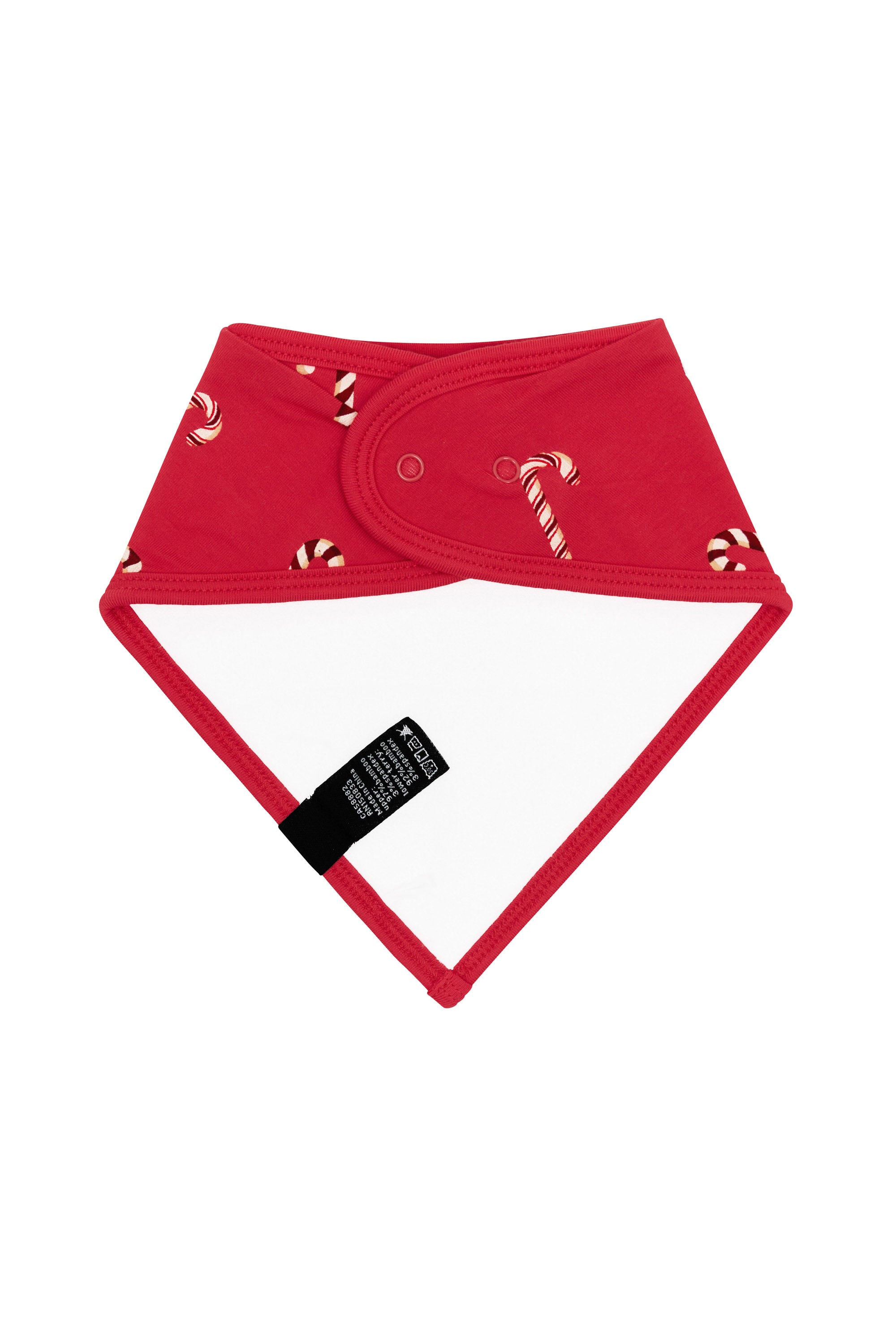 Back of the Bib in Candy Cane showing the snap closures and bamboo terry backing