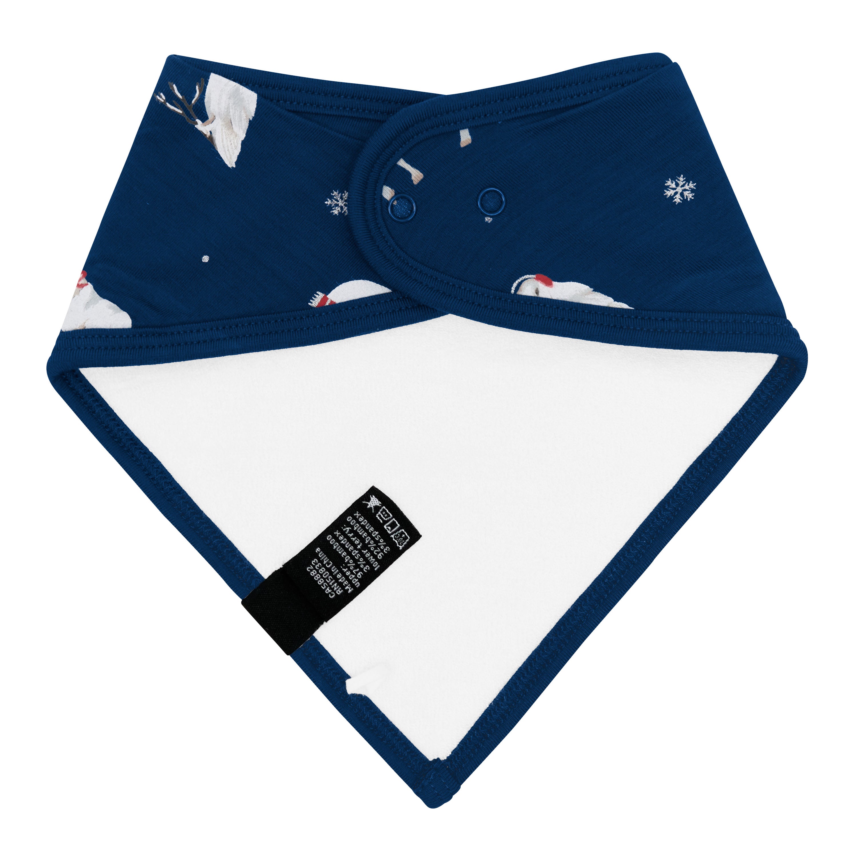 Back of the Bib in Frosty Friends showing the snap closures and bamboo terry backing