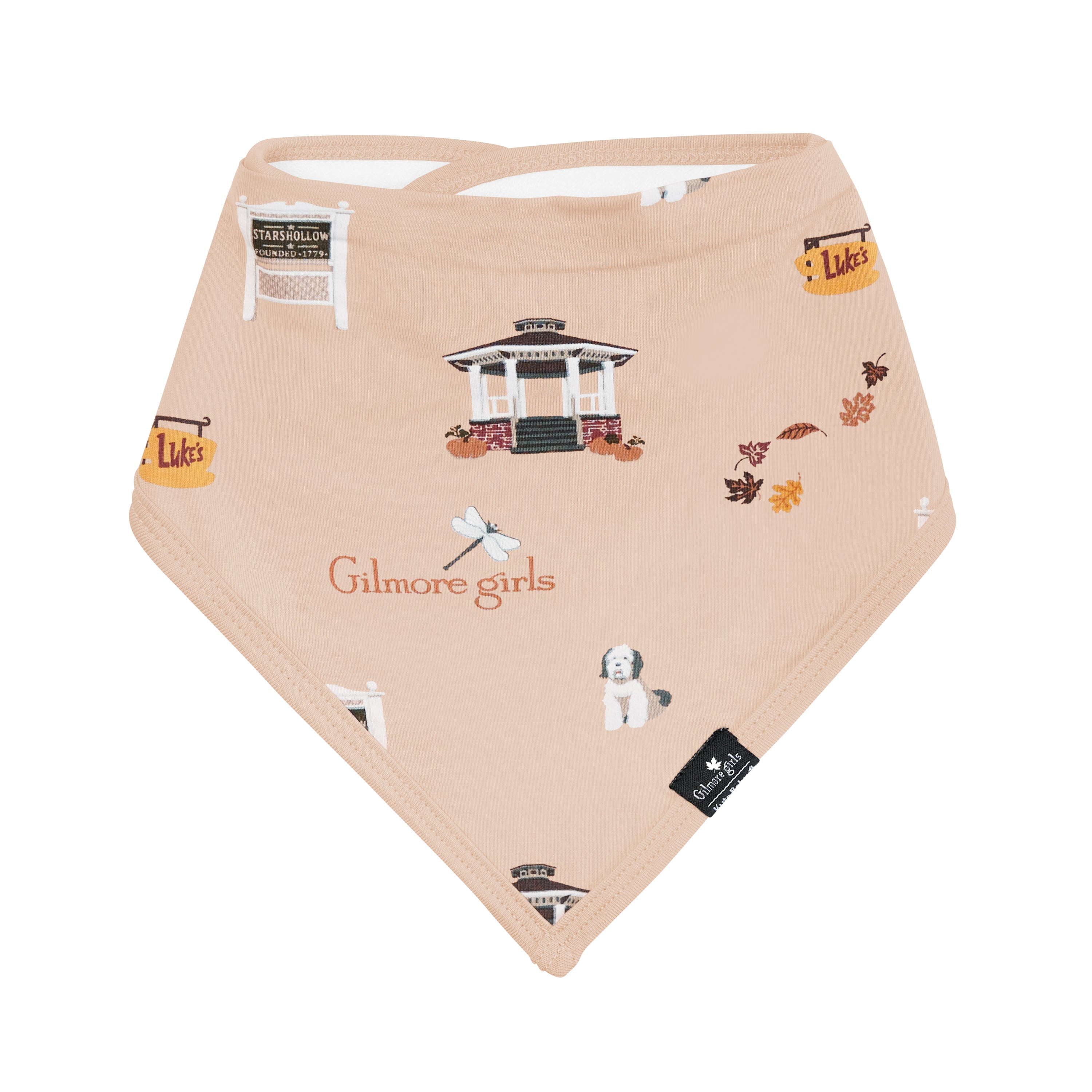 Beige bandana bib with 'Gilmore Girls'-themed designs on a white background