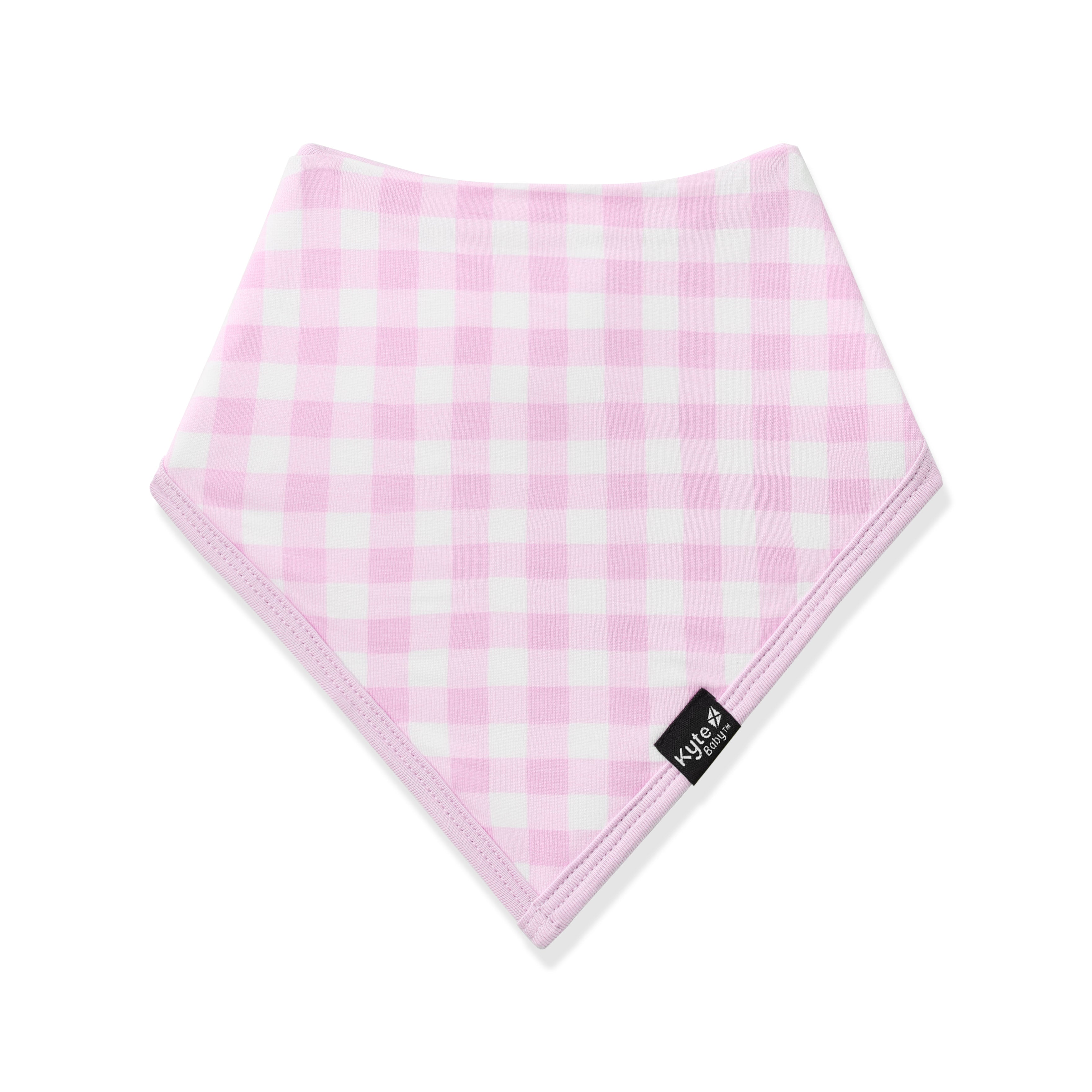 Front of the Bib in Gingham Thistle showing the black logo tag