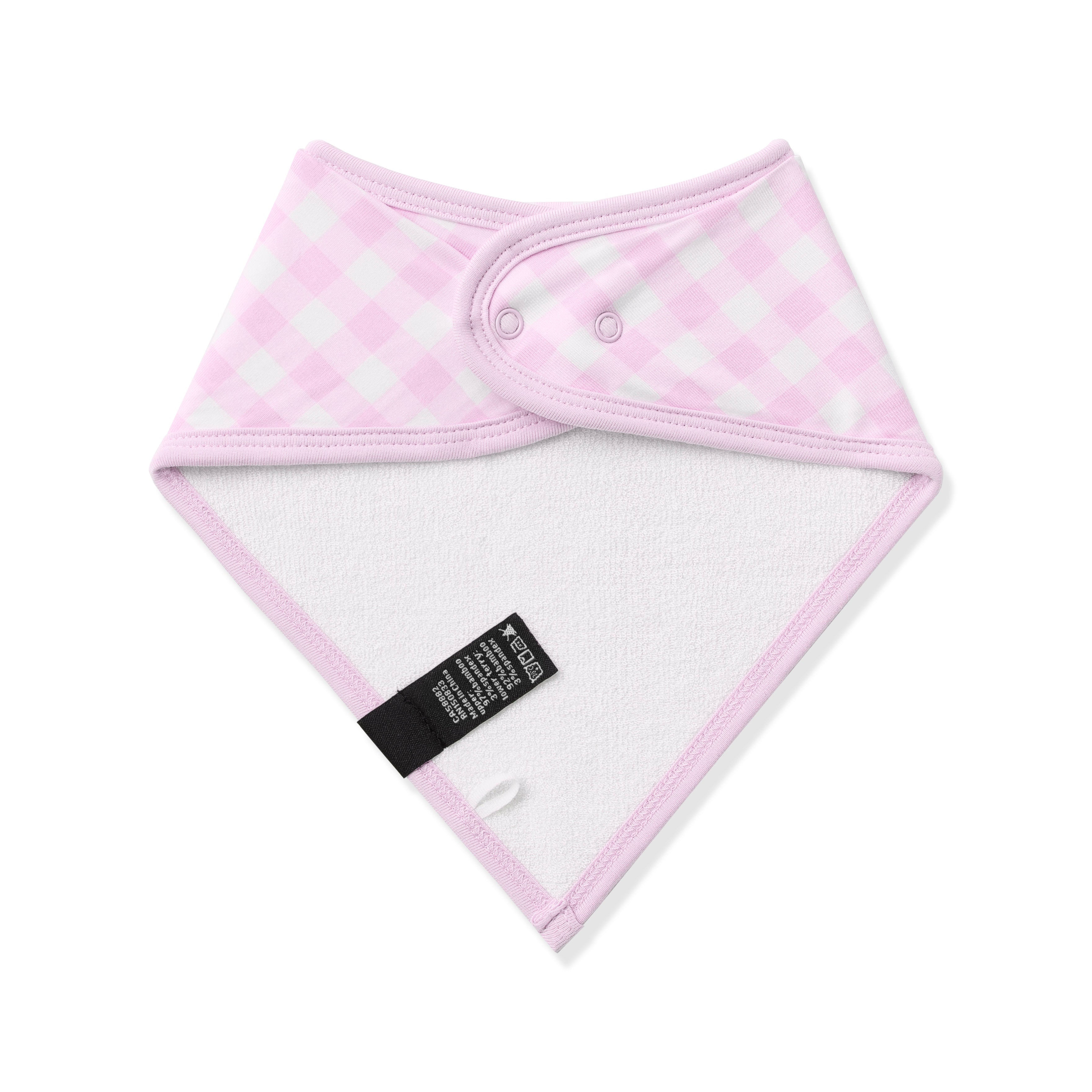 The back of the Bib in Gingham Thistle showing the snap closure and bamboo terry cloth backing