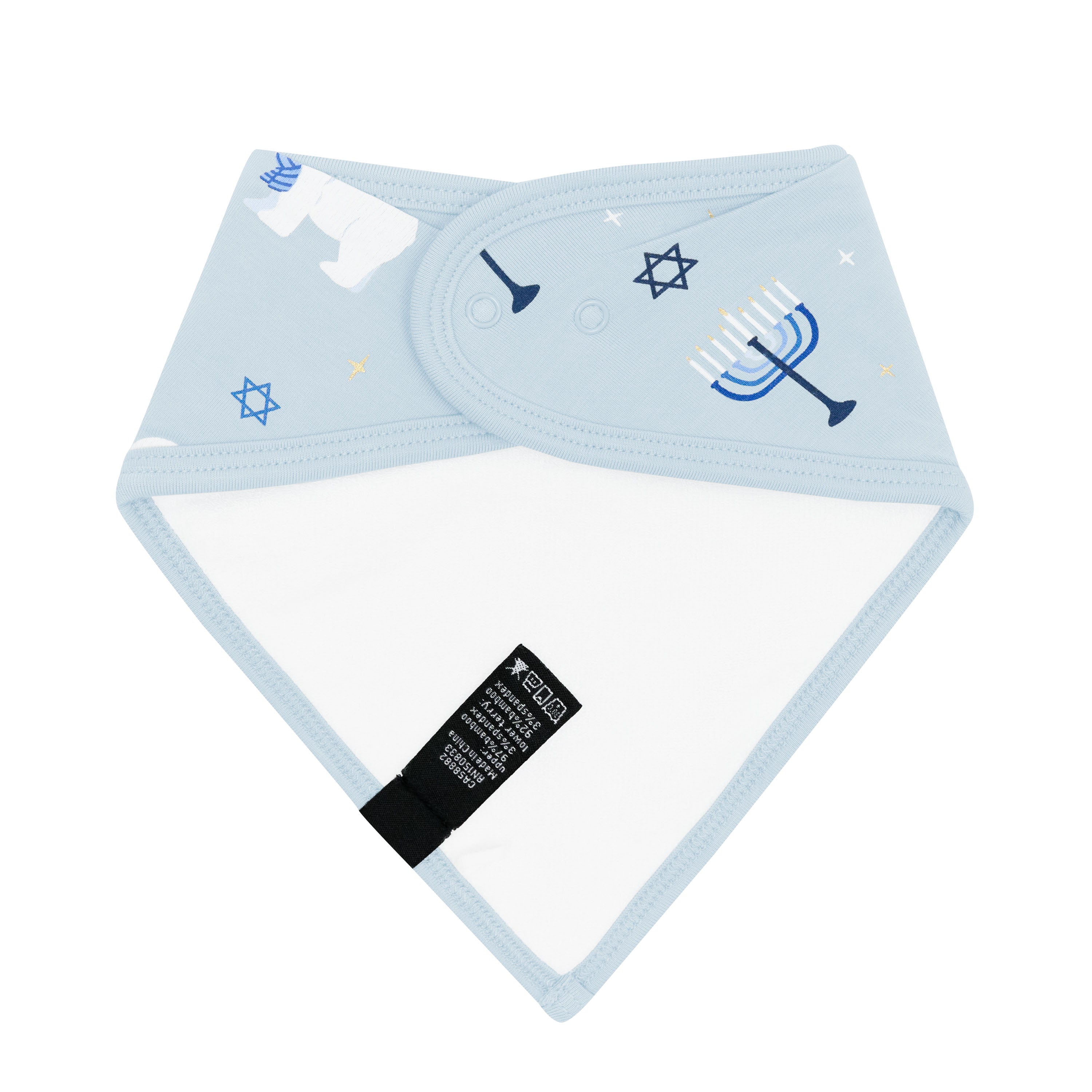 Back of the Bib in Polar Lights showing the snap closures and bamboo terry backing