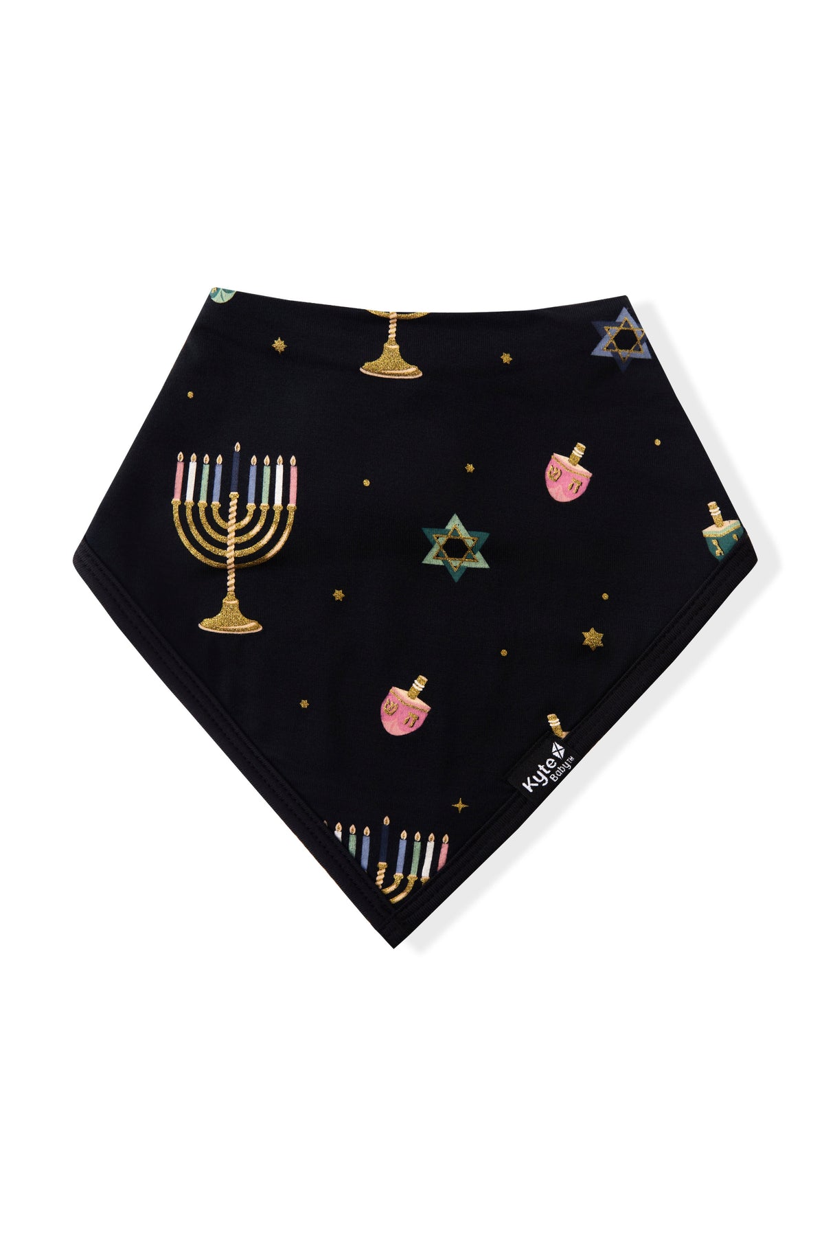 Black Bib in Hanukkah Nights print on a white background