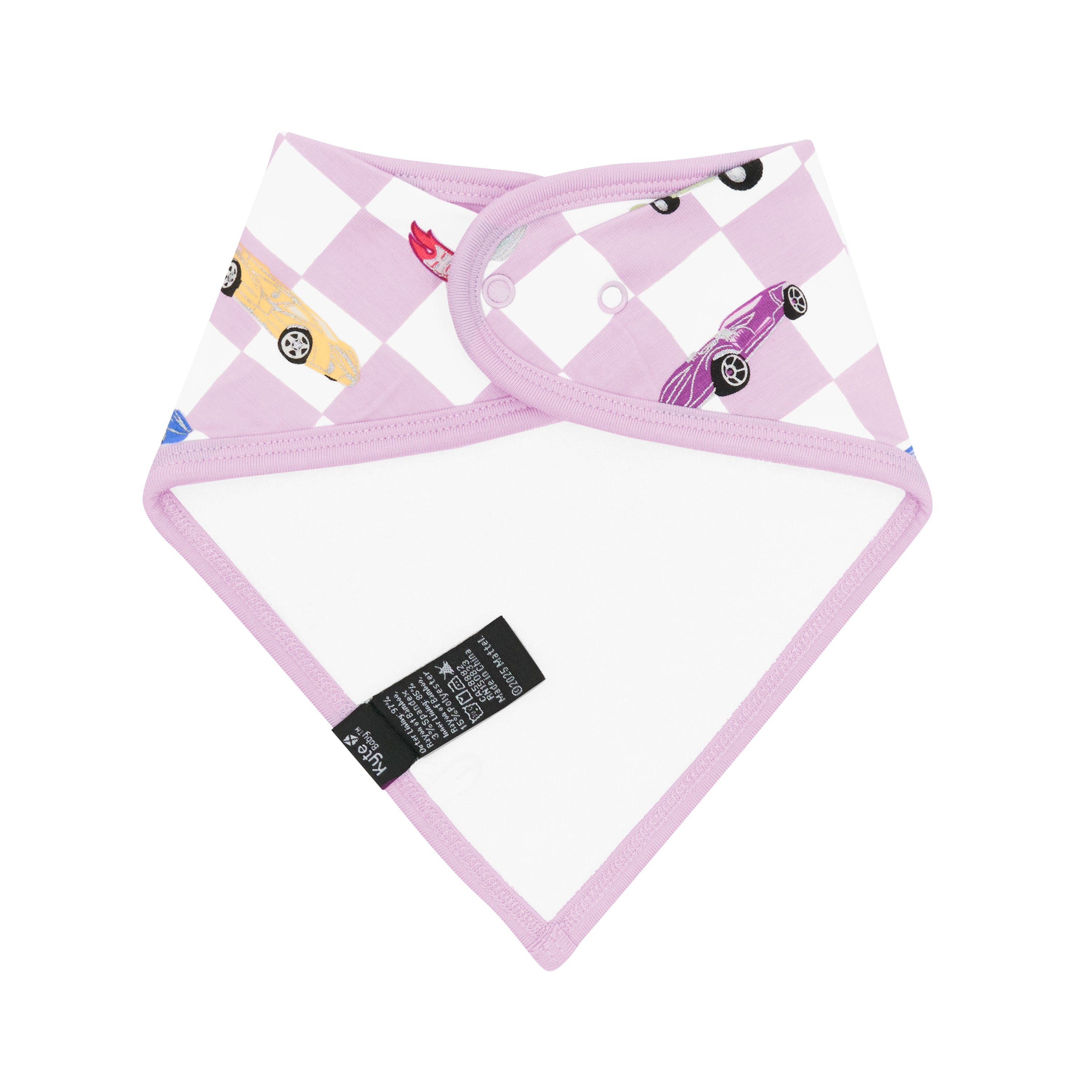 The back of the Bib in Sparkles and Speed showing the terry bamboo cloth backing and snap closures