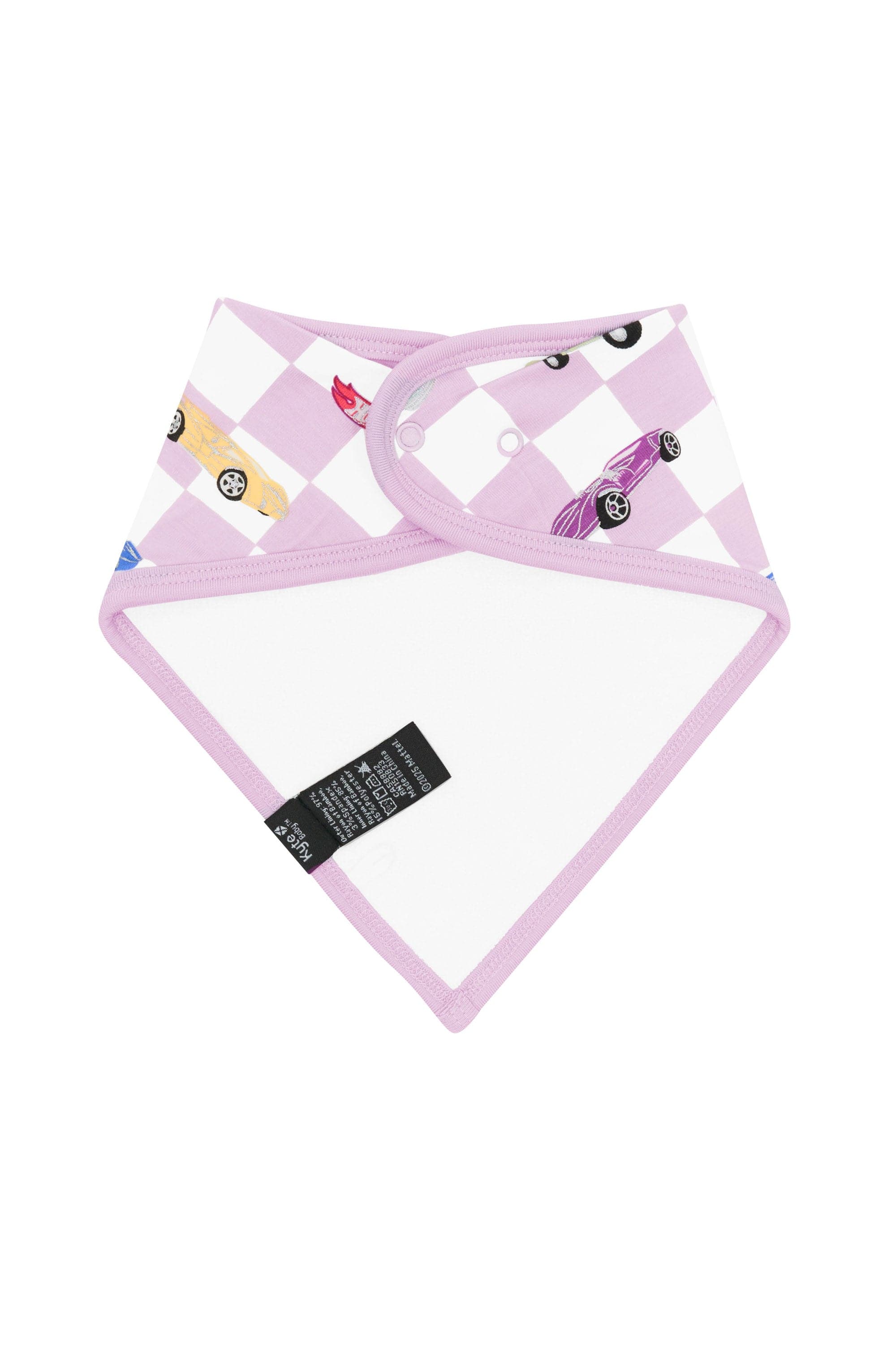 The back of the Bib in Sparkles and Speed showing the terry bamboo cloth backing and snap closures