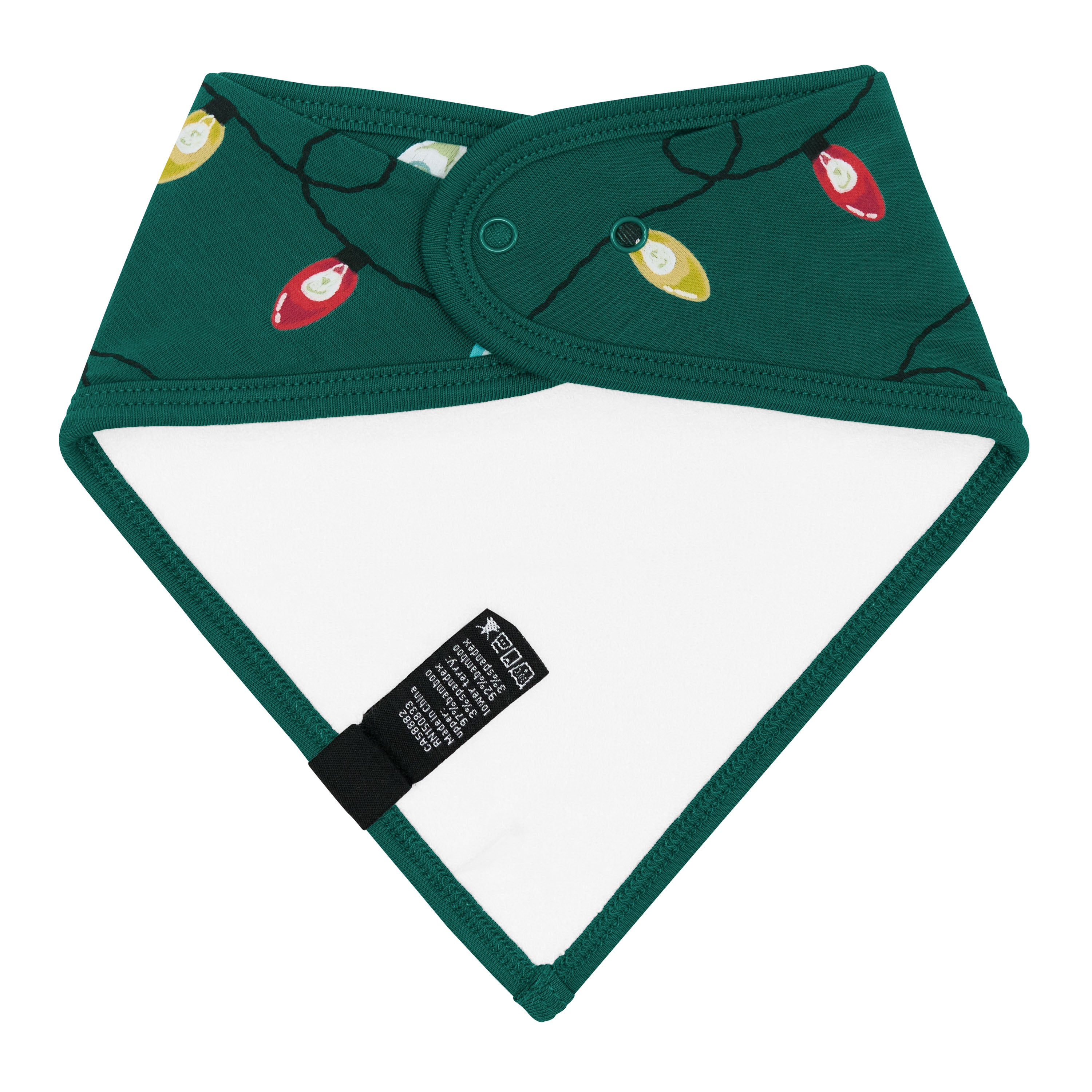 Back of the Bib in Merry and Bright showing the snap closures and the bamboo terry backing
