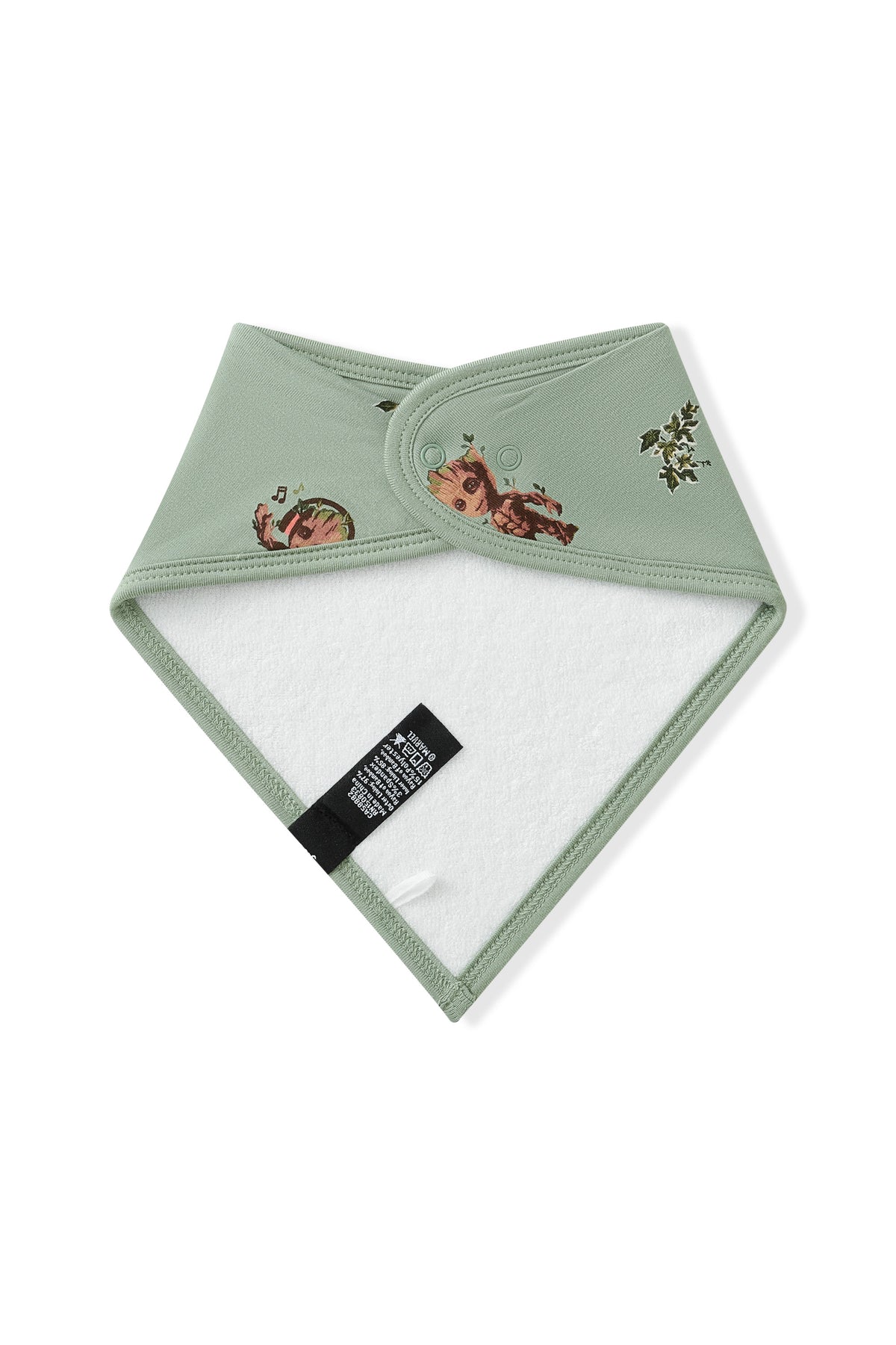 Back side of Green Bib with Groot print on white background