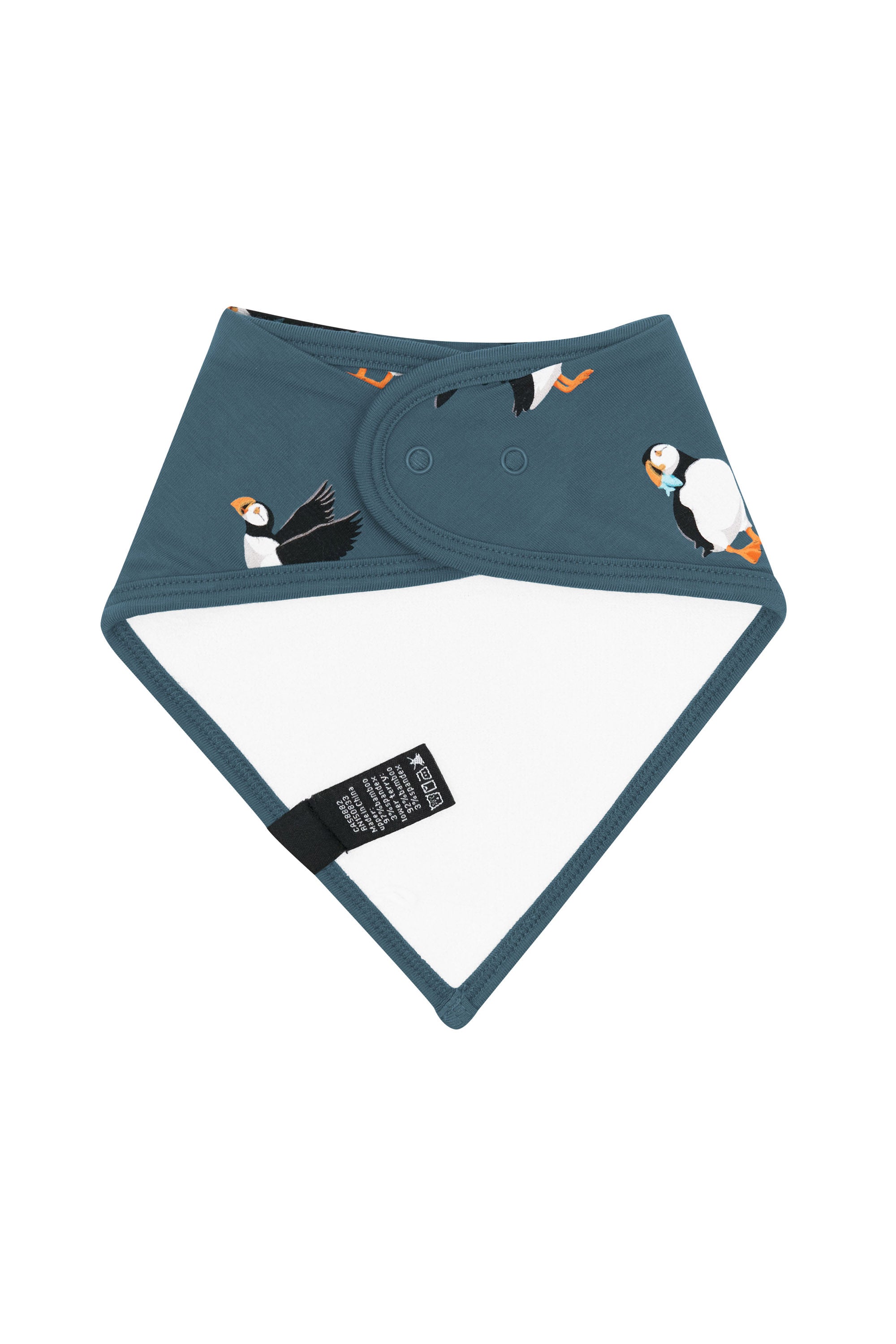 The back of the Bib in Puffin showing the snap closures and bamboo terry backing