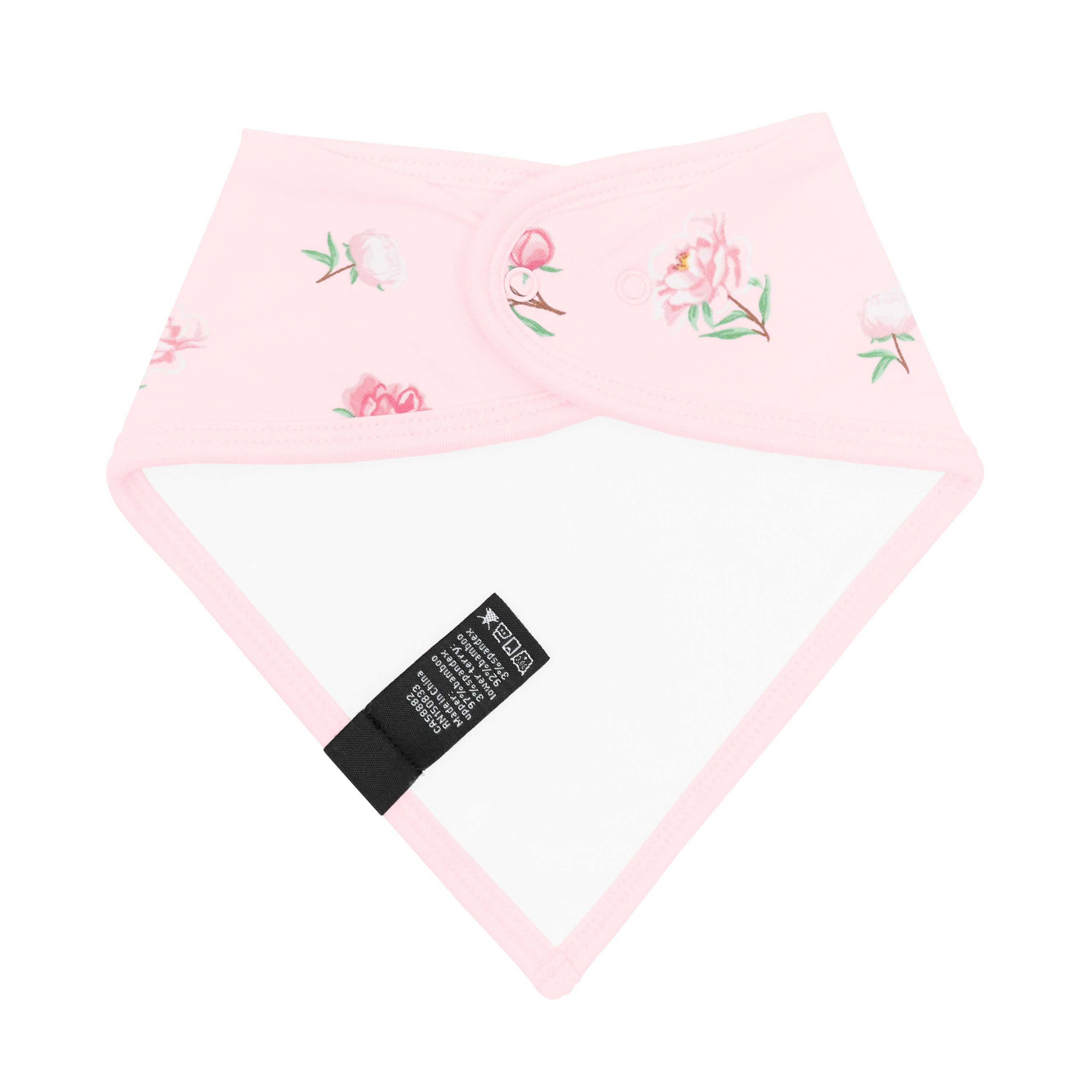 The snap closures and terry cloth back lining shown on the Bib in Sakura Peony