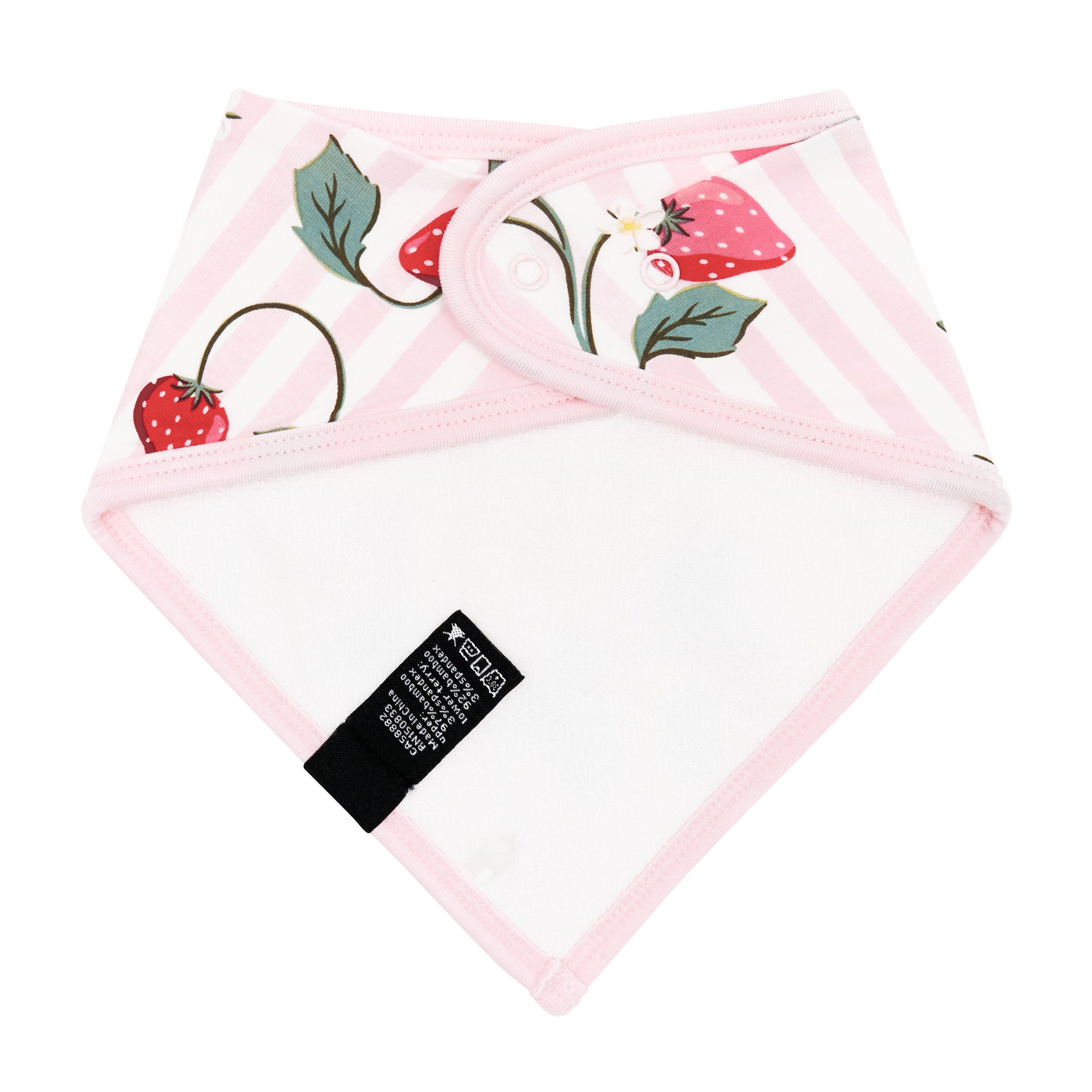 The back of the Bib in Strawberry Fields showing the snap closures and absorbent bamboo terry fabric