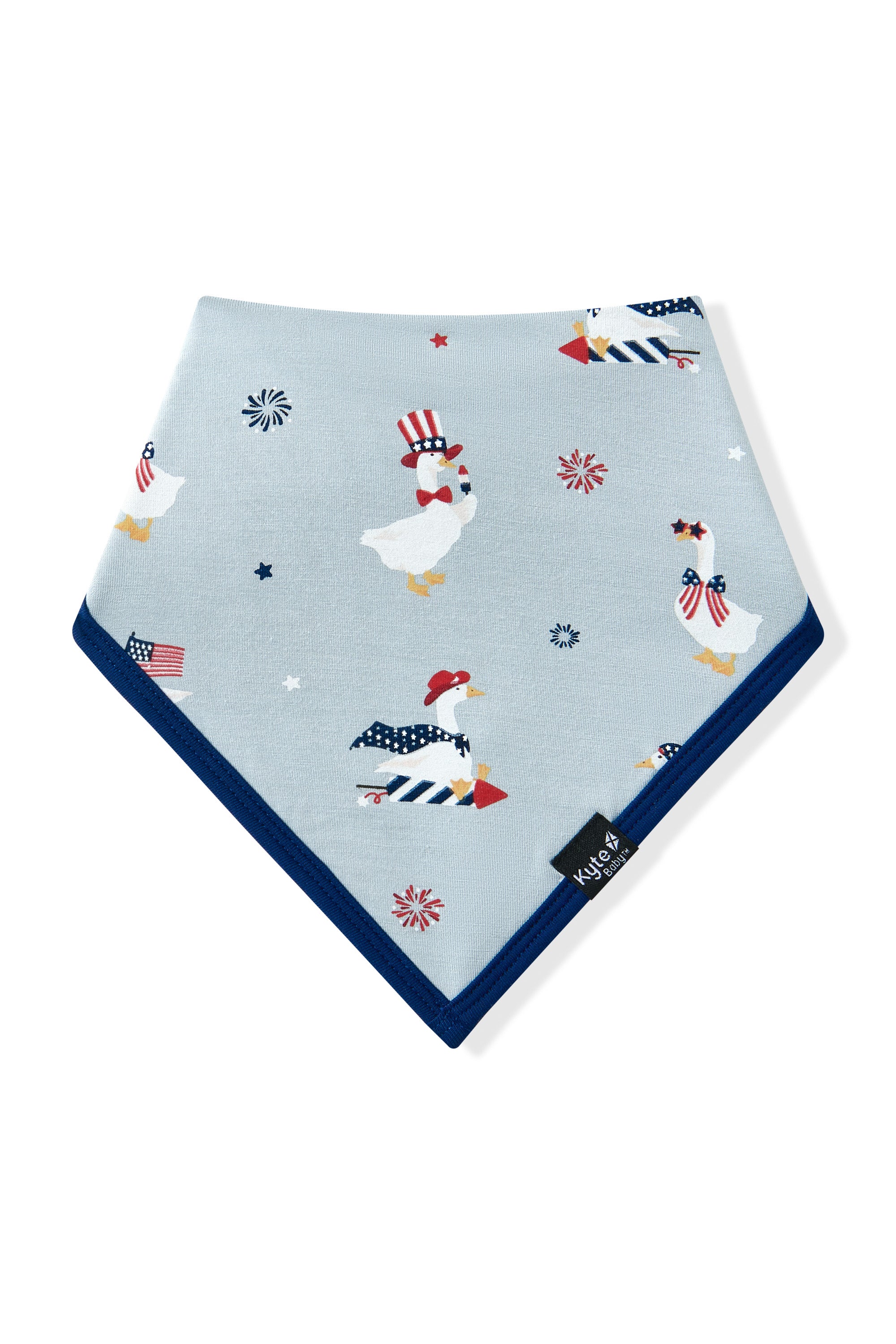 Patriotic Goose print bib on a light blue fabric with a navy trim on a white background