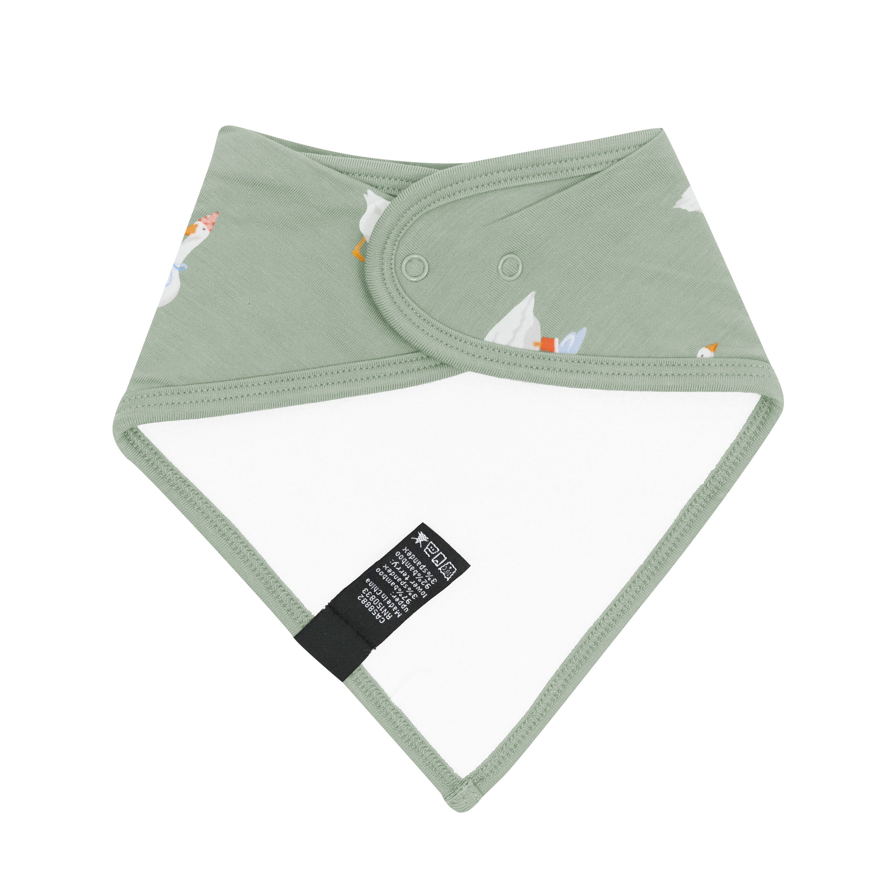 The back of the Bib in Silly Goose showing the snap closures and bamboo terry backing