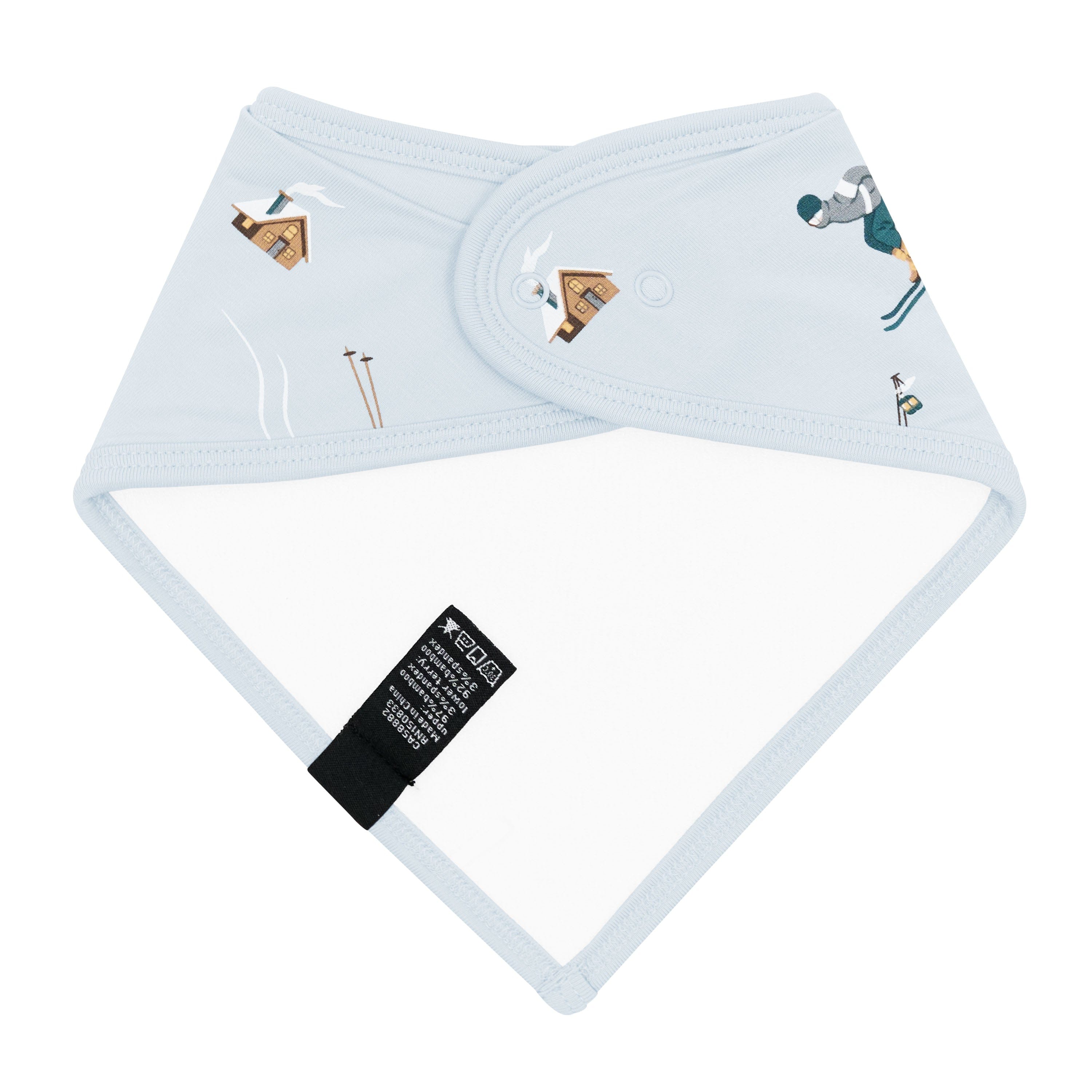 The back of the Bib in Ski showing the snap closures and the bamboo terry cloth backing