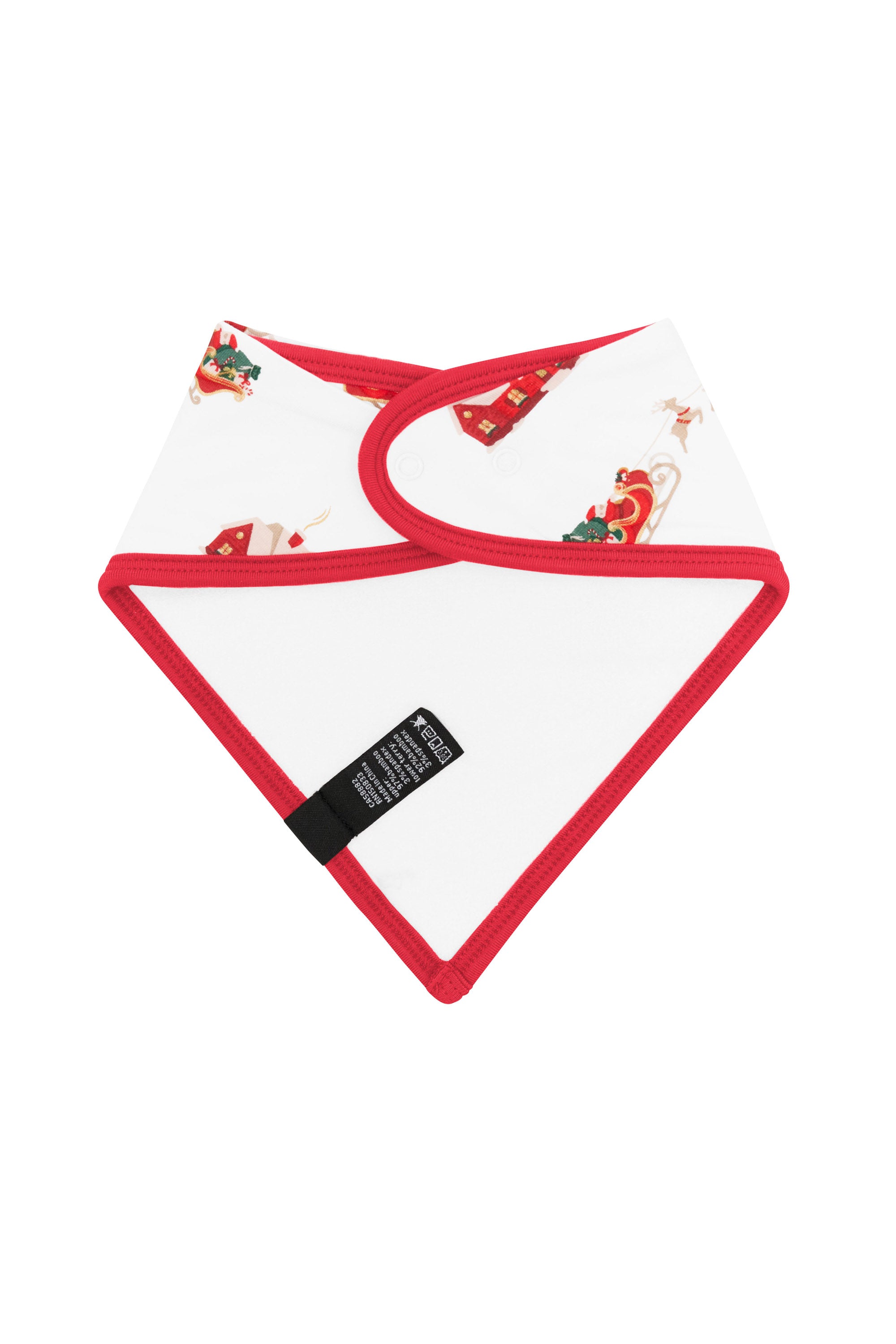 The back of the Bib in Santa Sleigh showing the snap closure and the bamboo terry cloth backing