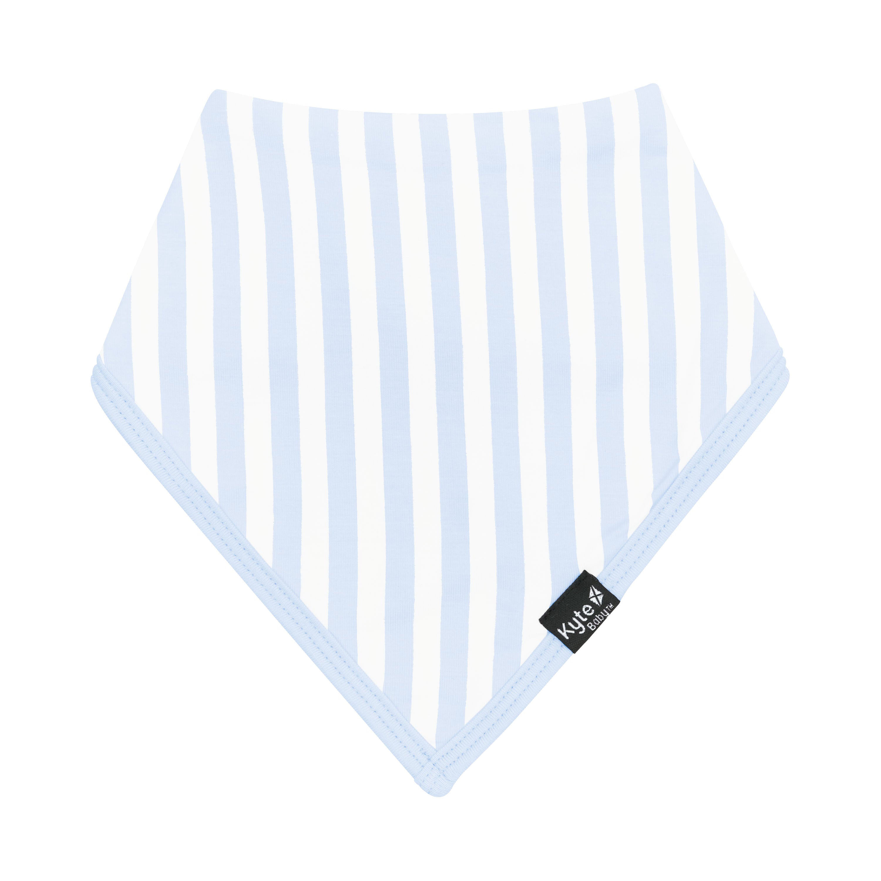 The front of the Bib in Small Mist Stripe with the Kyte Baby logo tag visible