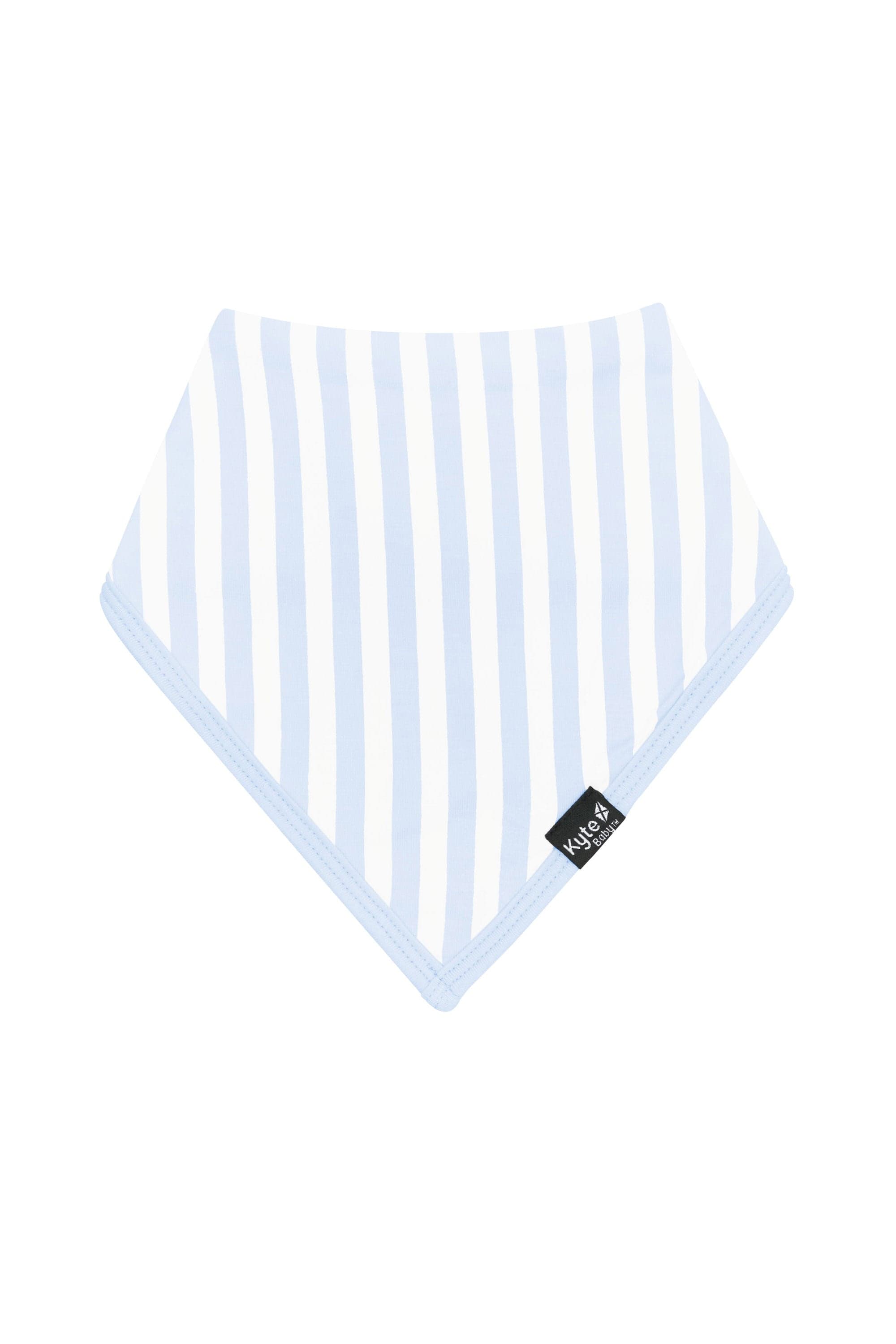 The front of the Bib in Small Mist Stripe with the Kyte Baby logo tag visible
