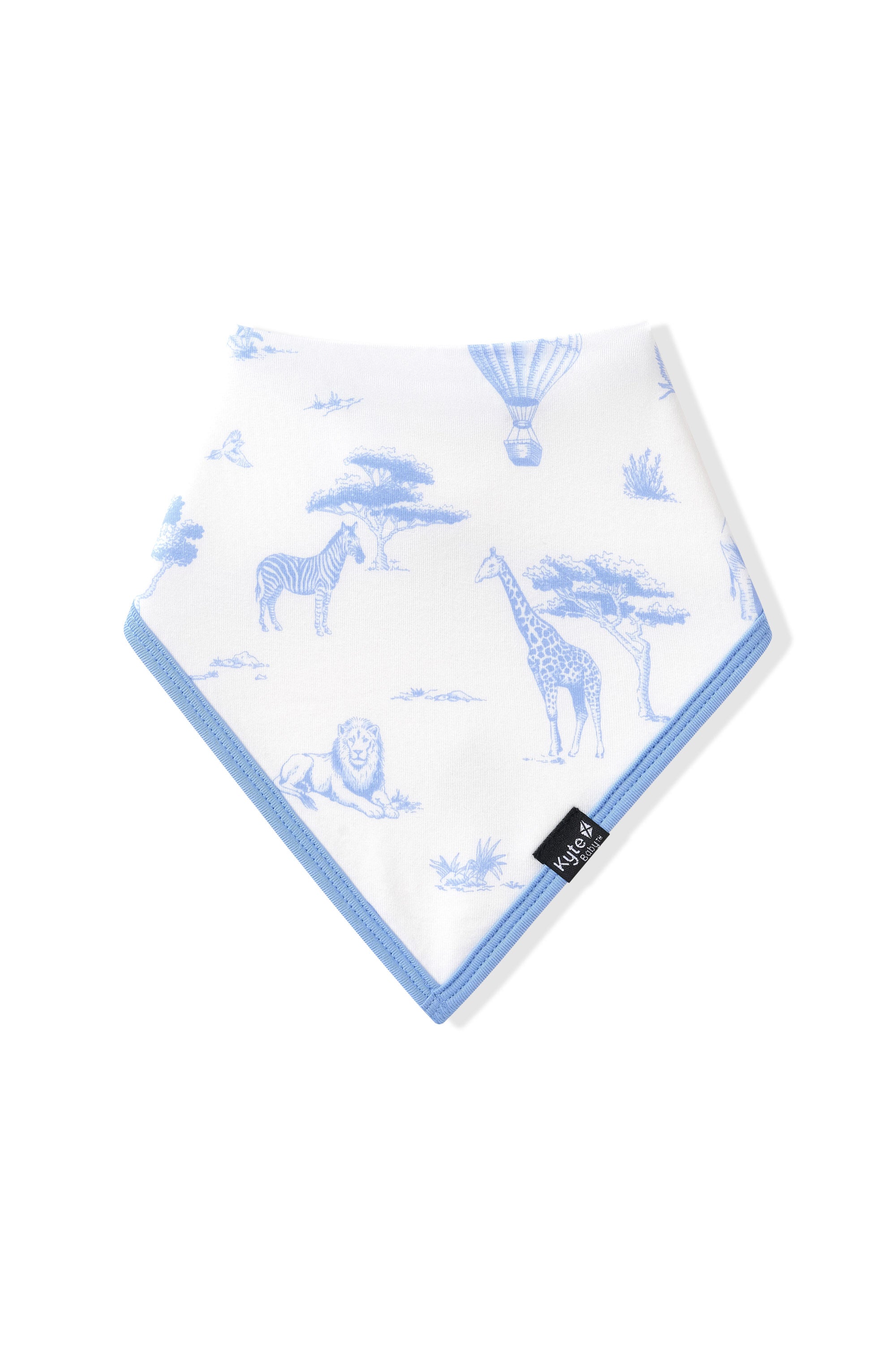 Front of the Bib in Toile Safari with the black kyte baby tag visible