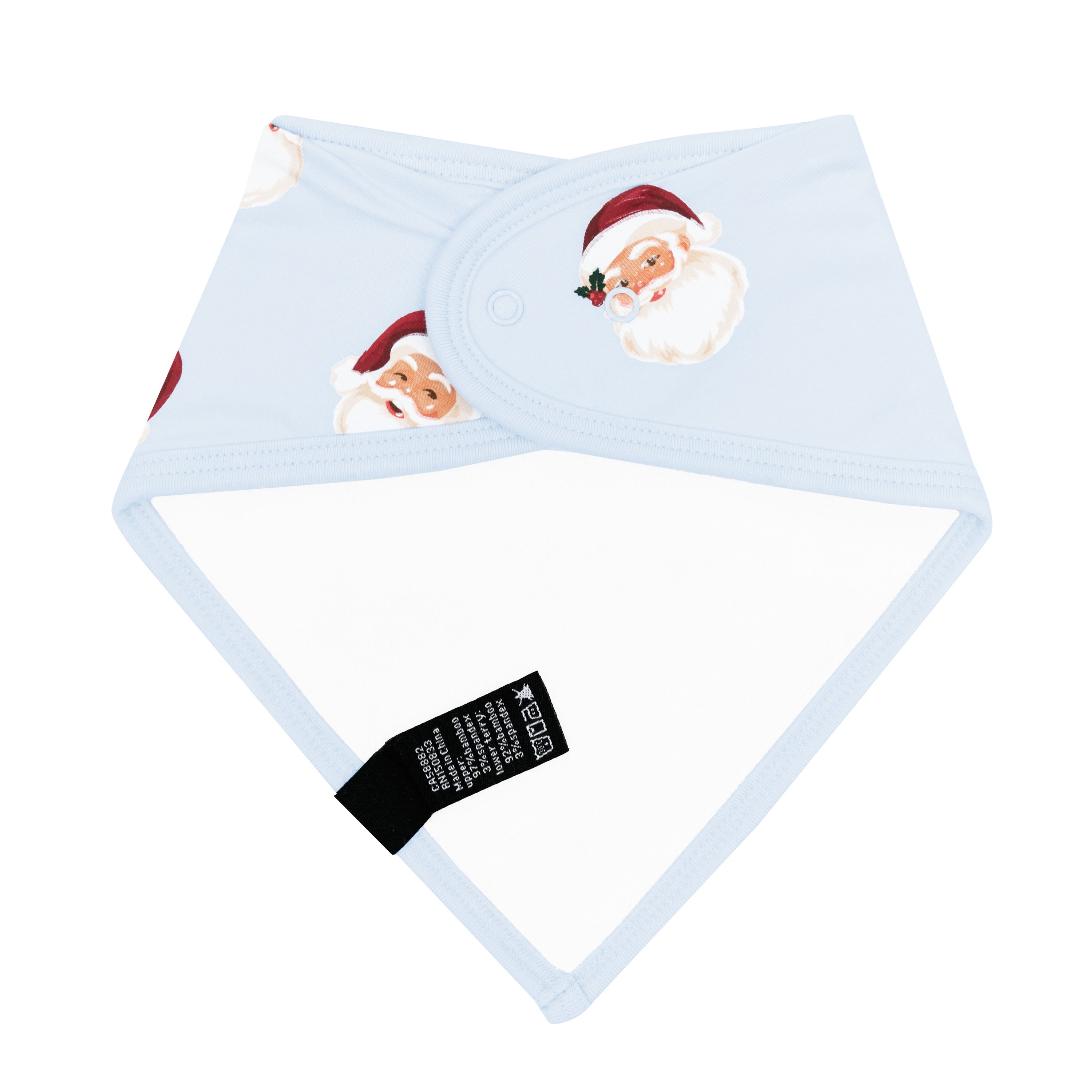 Back of the Bib in Vintage Santa showing the snap closures and bamboo terry backing