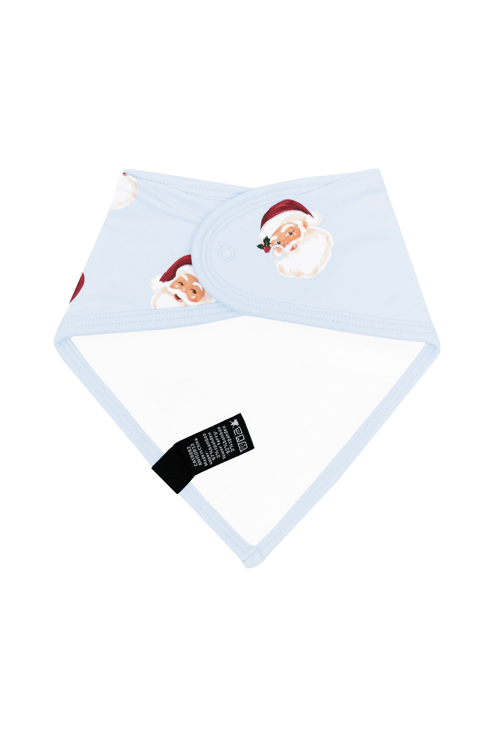 Back of the Bib in Vintage Santa showing the snap closures and bamboo terry backing