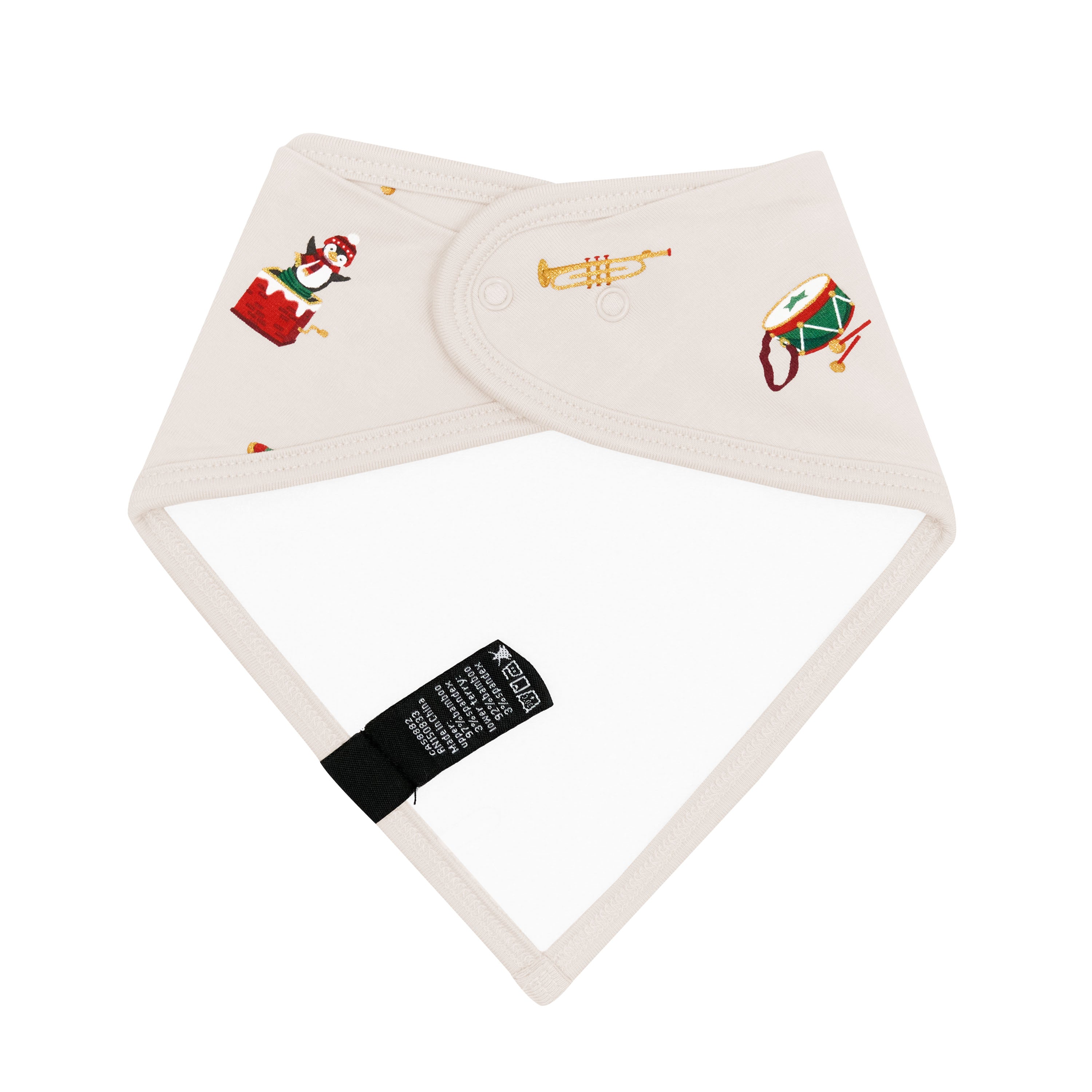 Back of the Bib in Vintage Toys showing the snap closures and bamboo terry backing