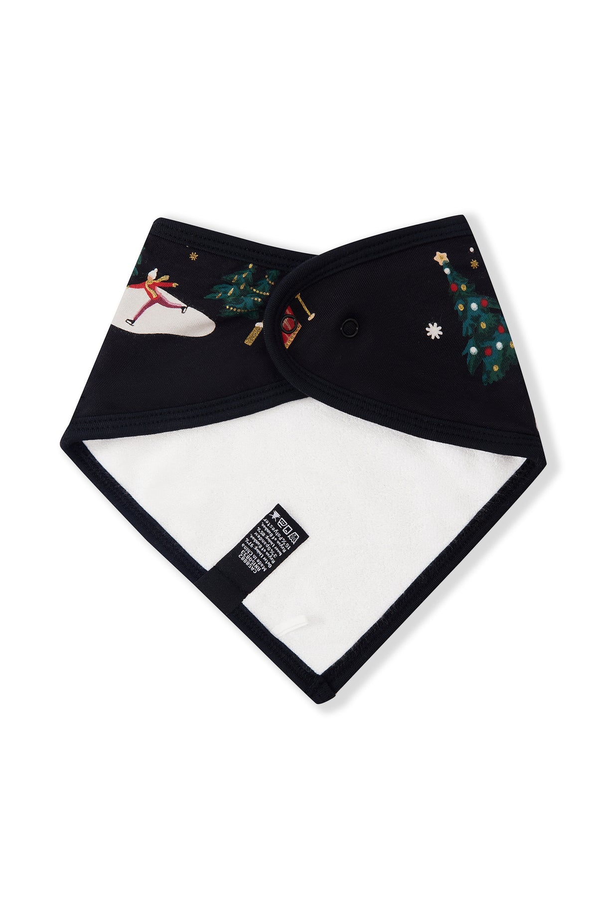 A black triangular bandana-style hair tie with a white inner lining and Christmas-themed printed designs on the outer fabric, shown on a plain white background.