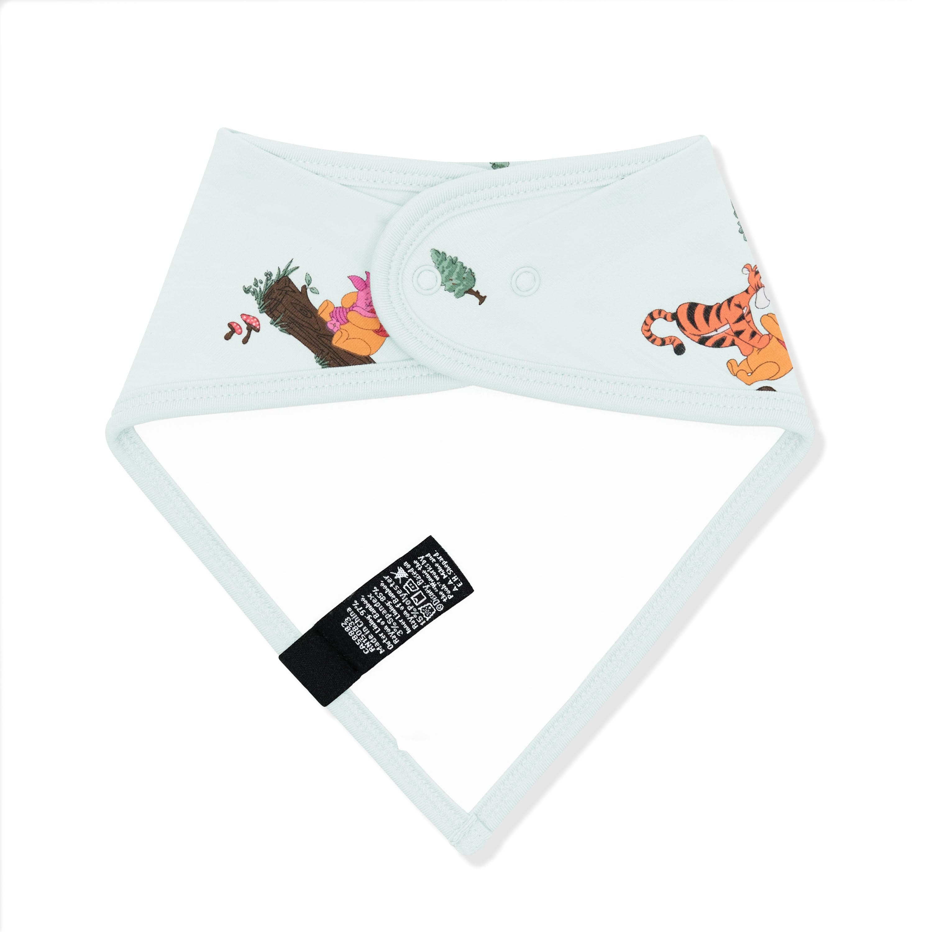 The back of the Bib in Winnie the Pooh Hundred Acre Wood showing the snap closure and bamboo terry cloth backing